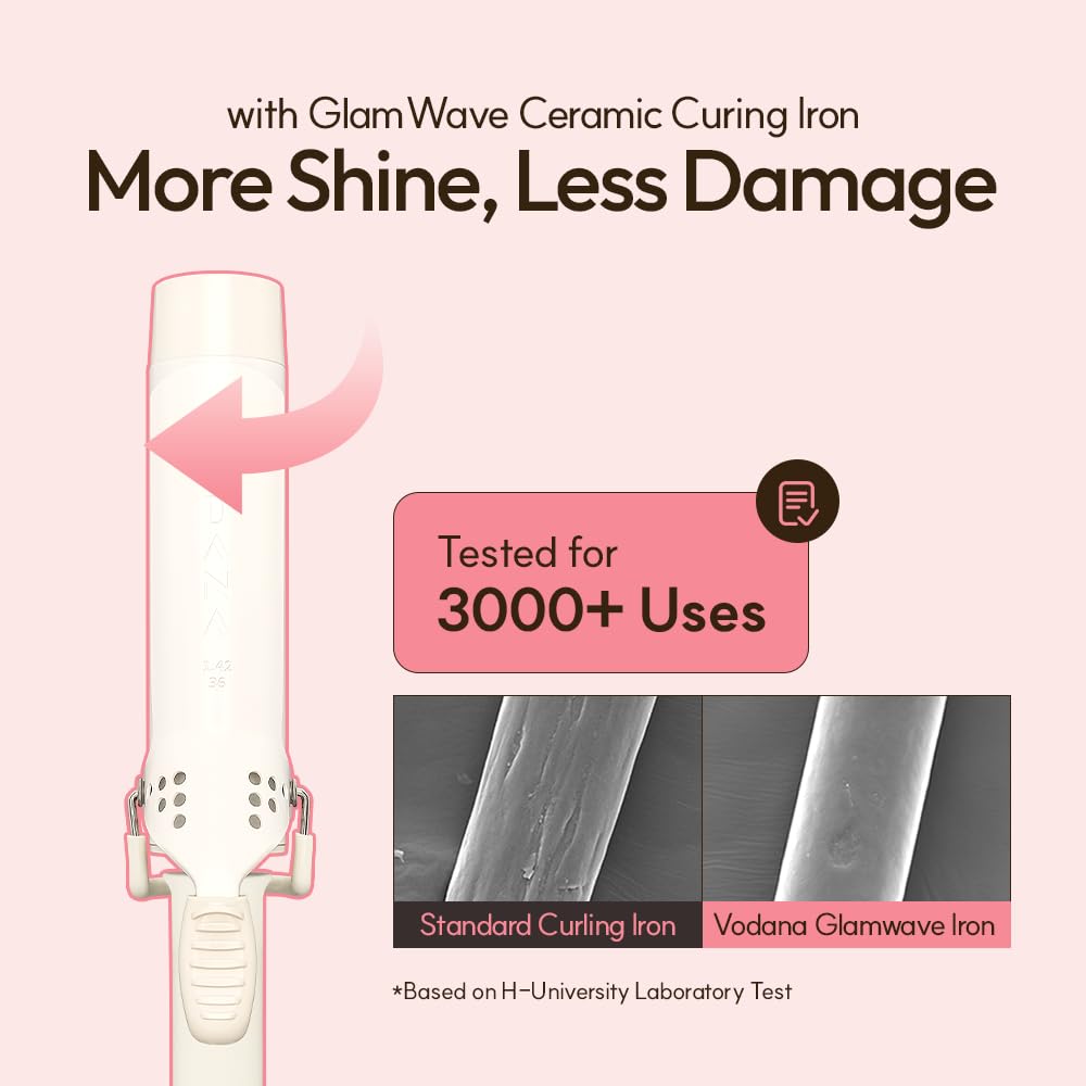 VODANA Professional GlamWave Ceramic Curling Iron, Long-Lasting Natural Curls, Instant Heat, Hair Curler, Curling Wand, Available in USA (1.4 inch, White)