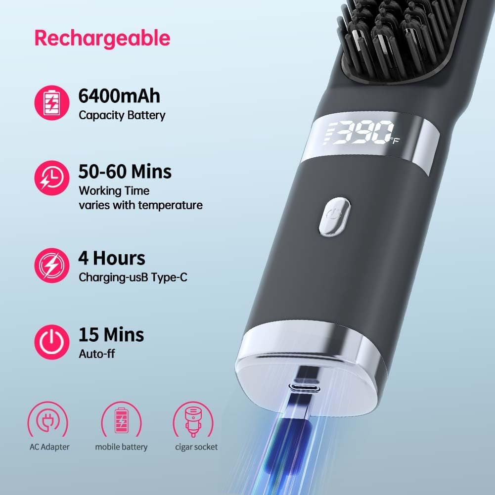 Cordless USB-C Hair Straightener Brush FastHeat (Black)