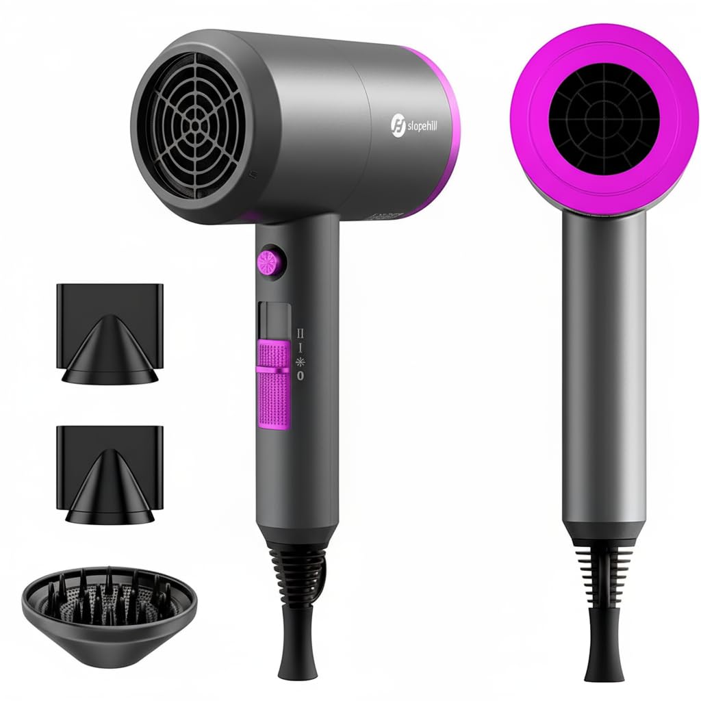 slopehill Professional Ionic Hair Dryer, Powerful 1800W Fast Drying Low Noise Blow Dryer with 2 Concentrator Nozzle 1 Diffuser Attachments for Home Salon Travel (Black)