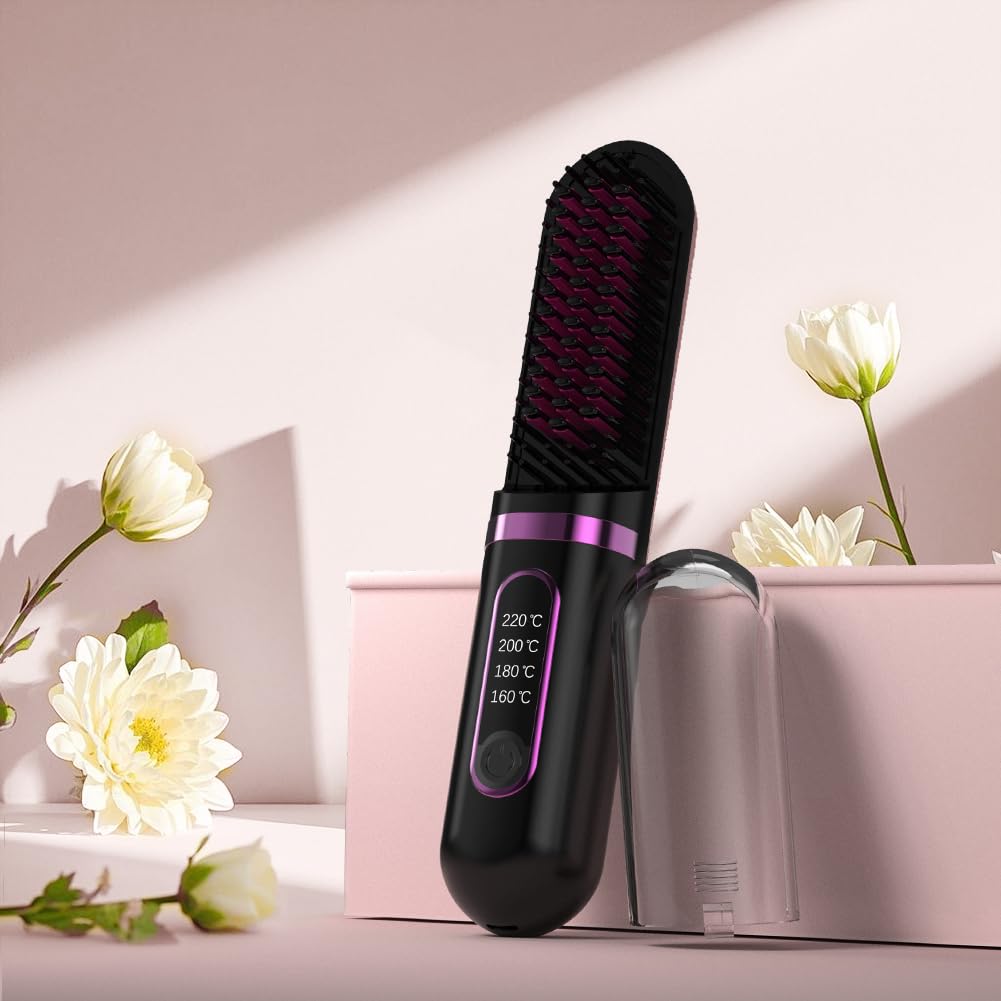 Cordless Hair Straightener Brush, Portable Straightening Brush for Women, Mini Negative Ion Hot Comb for Travel, 30Mins Auto-Off, USB Rechargeable, Fast Heating 4 Temperature Settings (Pink)