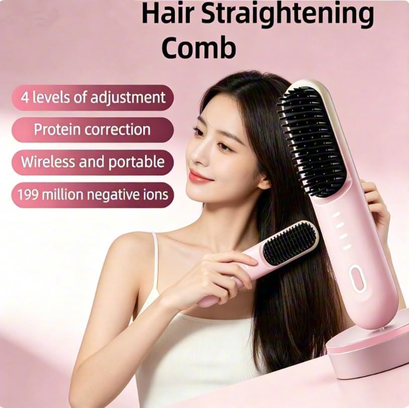 Cordless Hair Straightener Brush 4 Temp Settings Ceramic Coating