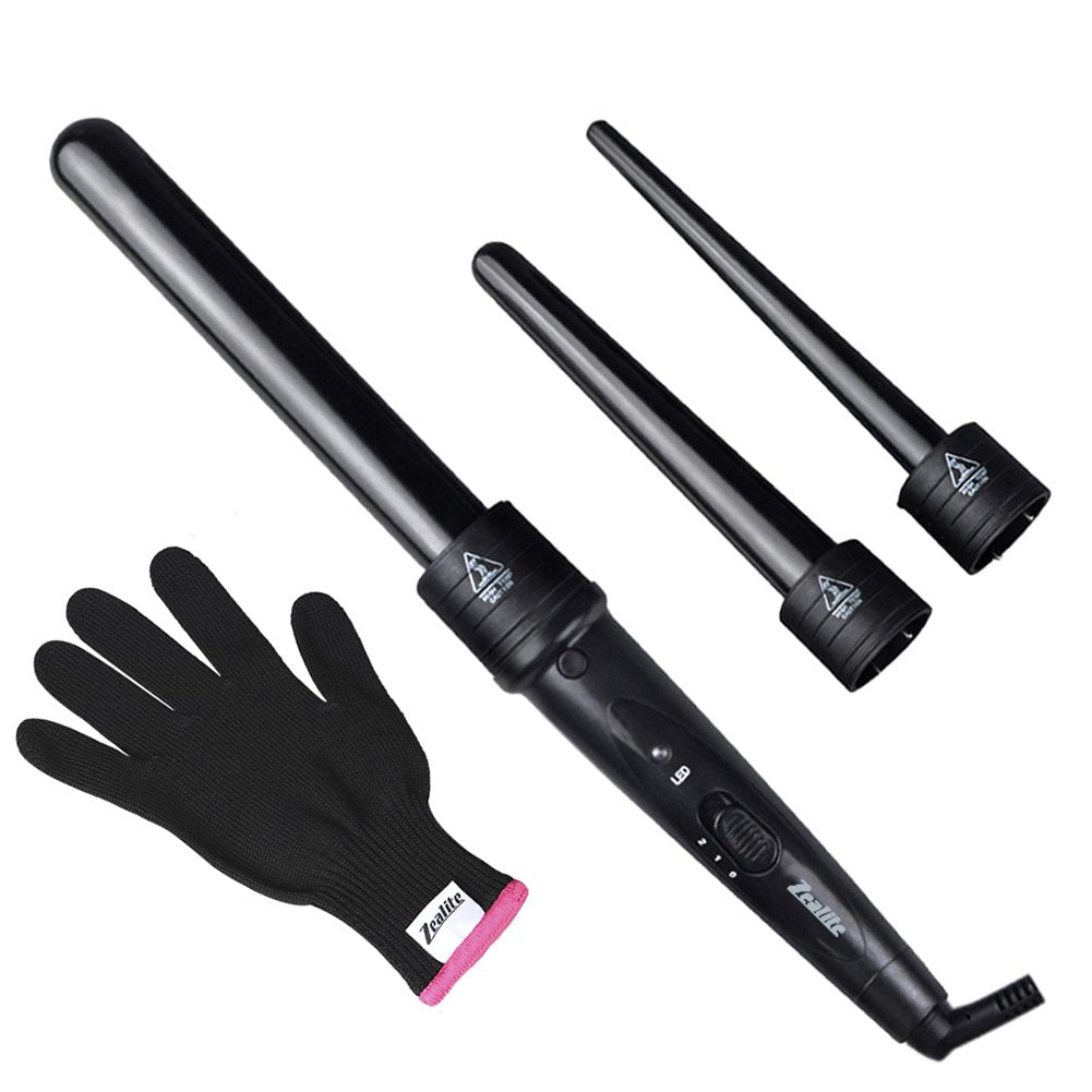 Curling Iron Wand, 3 in 1 Curling Wand Set with Ceramic Barrel for Long/Medium Hair, 0.35"-1.25" Interchangeable Hair Curler Wand, Dual Voltage, Includes Glove & Clips