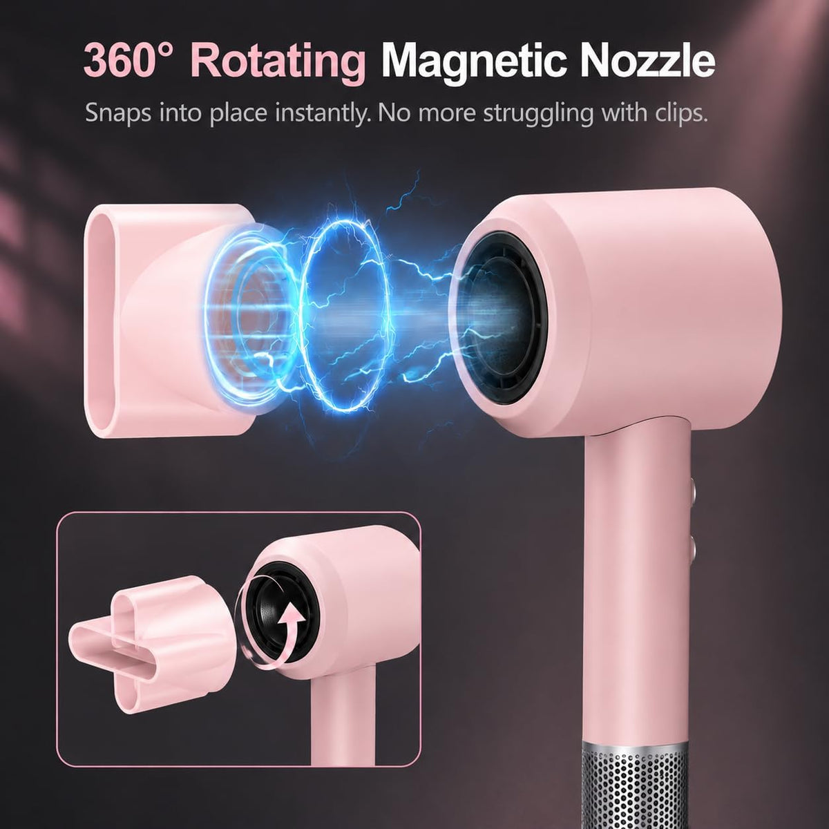 High Speed Hair Dryer with Magnetic Nozzle, Smart Hot & Cold Cycle Ionic Blow Dryer, Low Noise Lightweight Travel Pink Hairdryer, 105K RPM Brushless Motor for Fast Drying