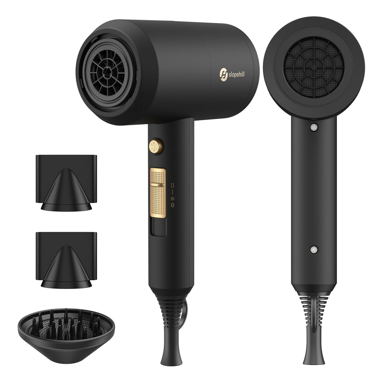 slopehill Professional Ionic Hair Dryer, Powerful 1800W Fast Drying Low Noise Blow Dryer with 2 Concentrator Nozzle 1 Diffuser Attachments for Home Salon Travel (Black)