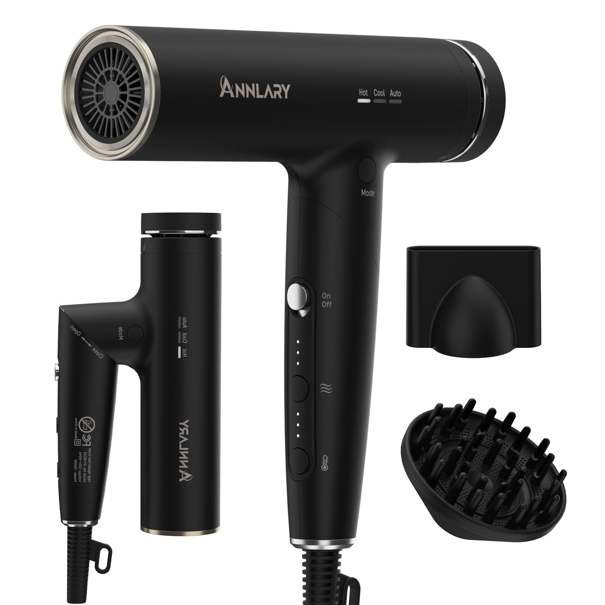 ANNLARY Plasma Ion Hair Dryer with Diffuser for Curly Hair, 110000 RPM Professional High Speed Blow Dryer with Plasma Ion, 1500W Foldable Travel Hairdryer with 6.5 Ft Cord Fast Drying for Women Men