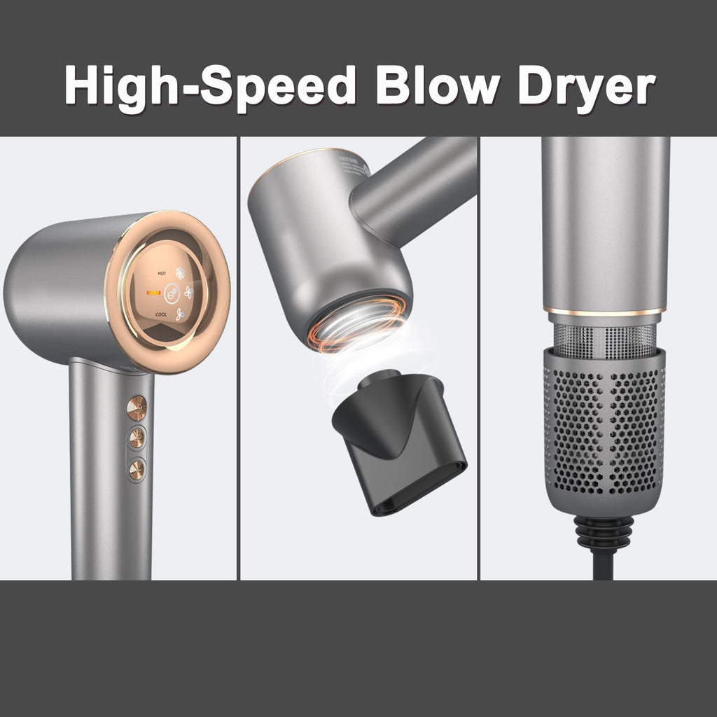 Hair Dryer - 110000 RPM High-Speed Brushless Motor Negative Ionic Blow Dryer for Fast Drying, Low Noise Thermo-Control Hair Dryer with Magnetic Nozzle, Gold Silver