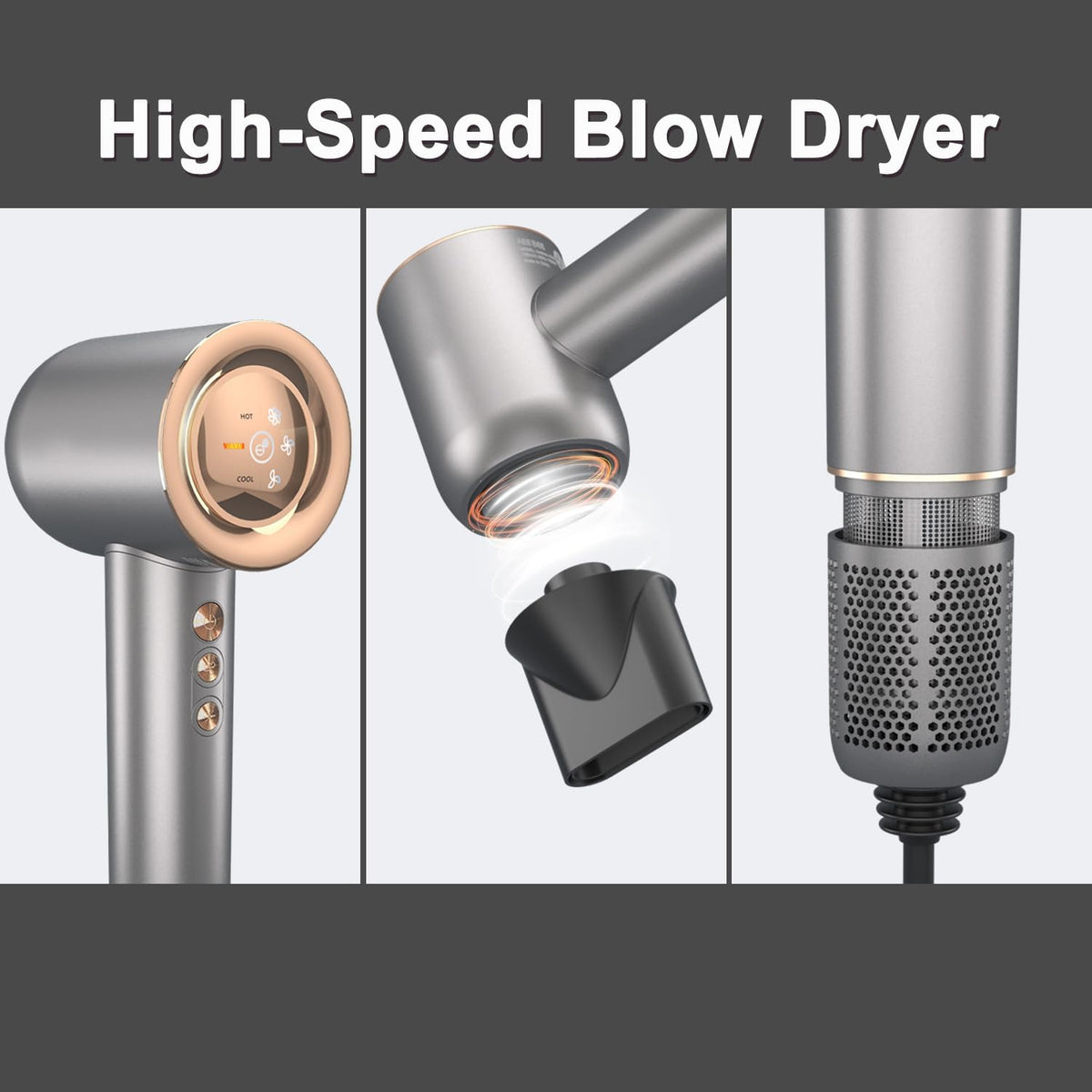 Hair Dryer - 110000 RPM High-Speed Brushless Motor Negative Ionic Blow Dryer for Fast Drying, Low Noise Thermo-Control Hair Dryer with Magnetic Nozzle, Gold Silver