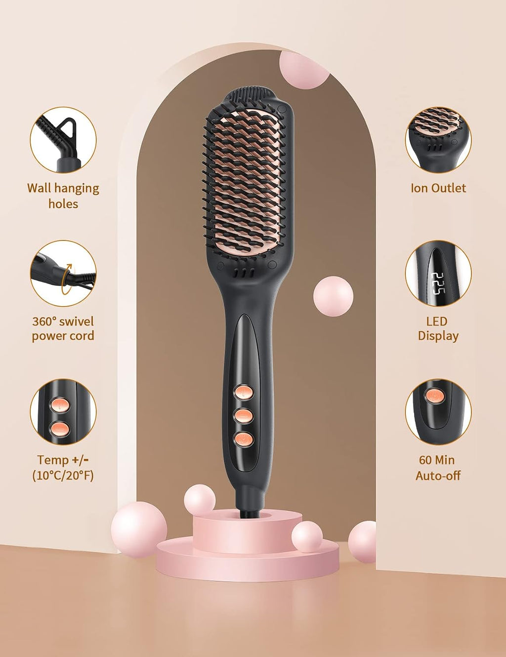 LANDOT Hair Straightener Brush for Women, Ionic Ceramic Heated Hot Brush