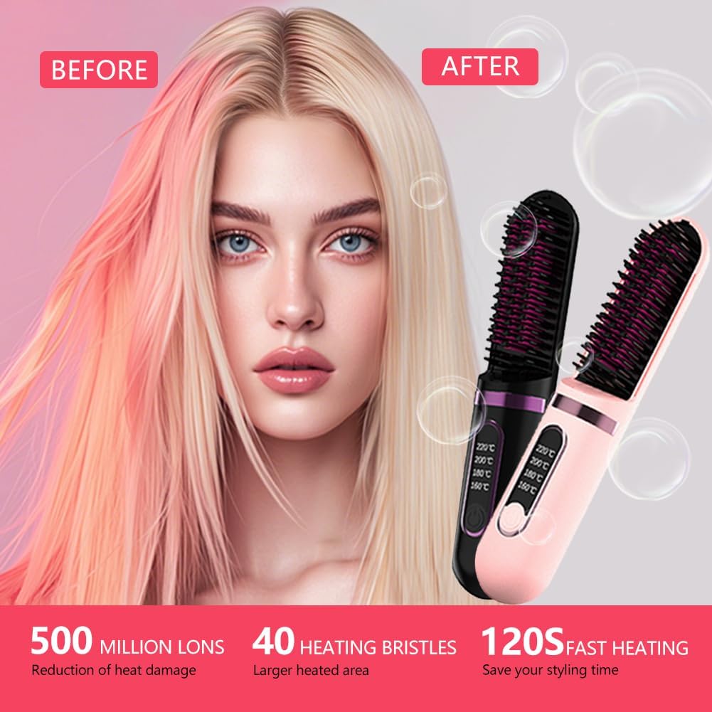 Cordless Hair Straightener Brush, Portable Straightening Brush for Women, Mini Negative Ion Hot Comb for Travel, 30Mins Auto-Off, USB Rechargeable, Fast Heating 4 Temperature Settings (Pink)