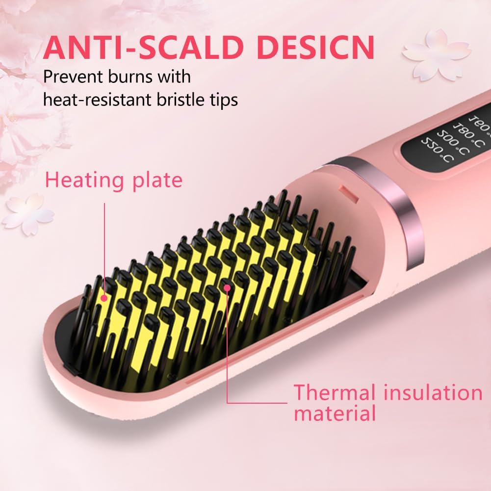 Cordless Hair Straightener Brush, Portable Straightening Brush for Women, Mini Negative Ion Hot Comb for Travel, 30Mins Auto-Off, USB Rechargeable, Fast Heating 4 Temperature Settings (Pink)