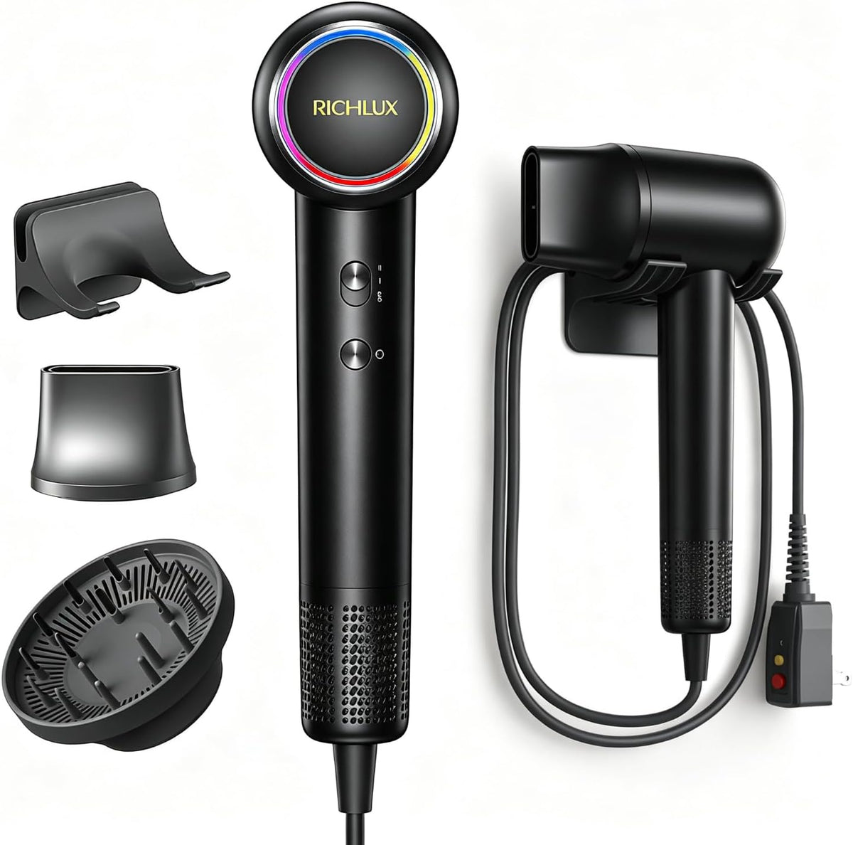 High-Speed Hair Dryer, 160,000 RPM Brushless Motor Blow Dryer with Ionic Technology, Fast Drying Lightweight Low Noise Hair Dryer, 4 Heat Modes, 2 Speeds, Diffuser & Wall Mount, Black