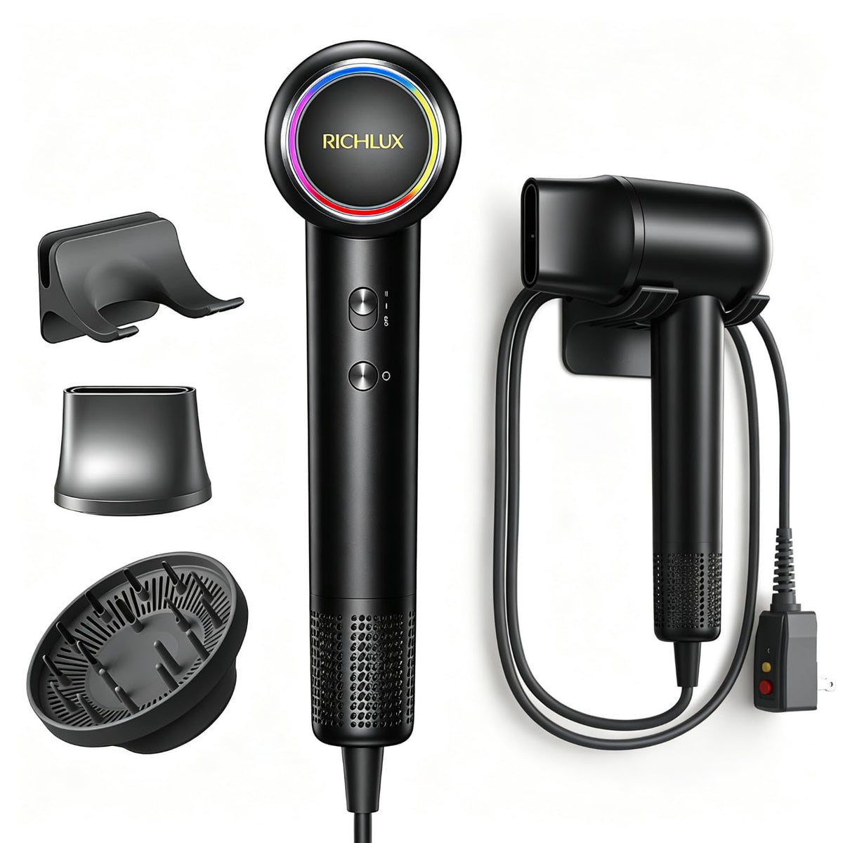 High-Speed Hair Dryer, 160,000 RPM Brushless Motor Blow Dryer with Ionic Technology, Fast Drying Lightweight Low Noise Hair Dryer, 4 Heat Modes, 2 Speeds, Diffuser & Wall Mount, Black