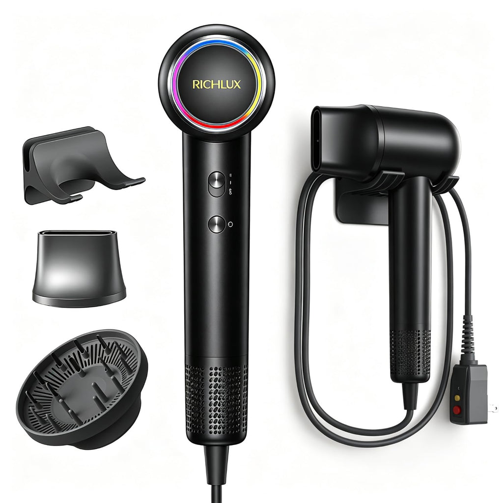 High-Speed Hair Dryer, 160,000 RPM Brushless Motor Blow Dryer with Ionic Technology, Fast Drying Lightweight Low Noise Hair Dryer, 4 Heat Modes, 2 Speeds, Diffuser & Wall Mount, Black