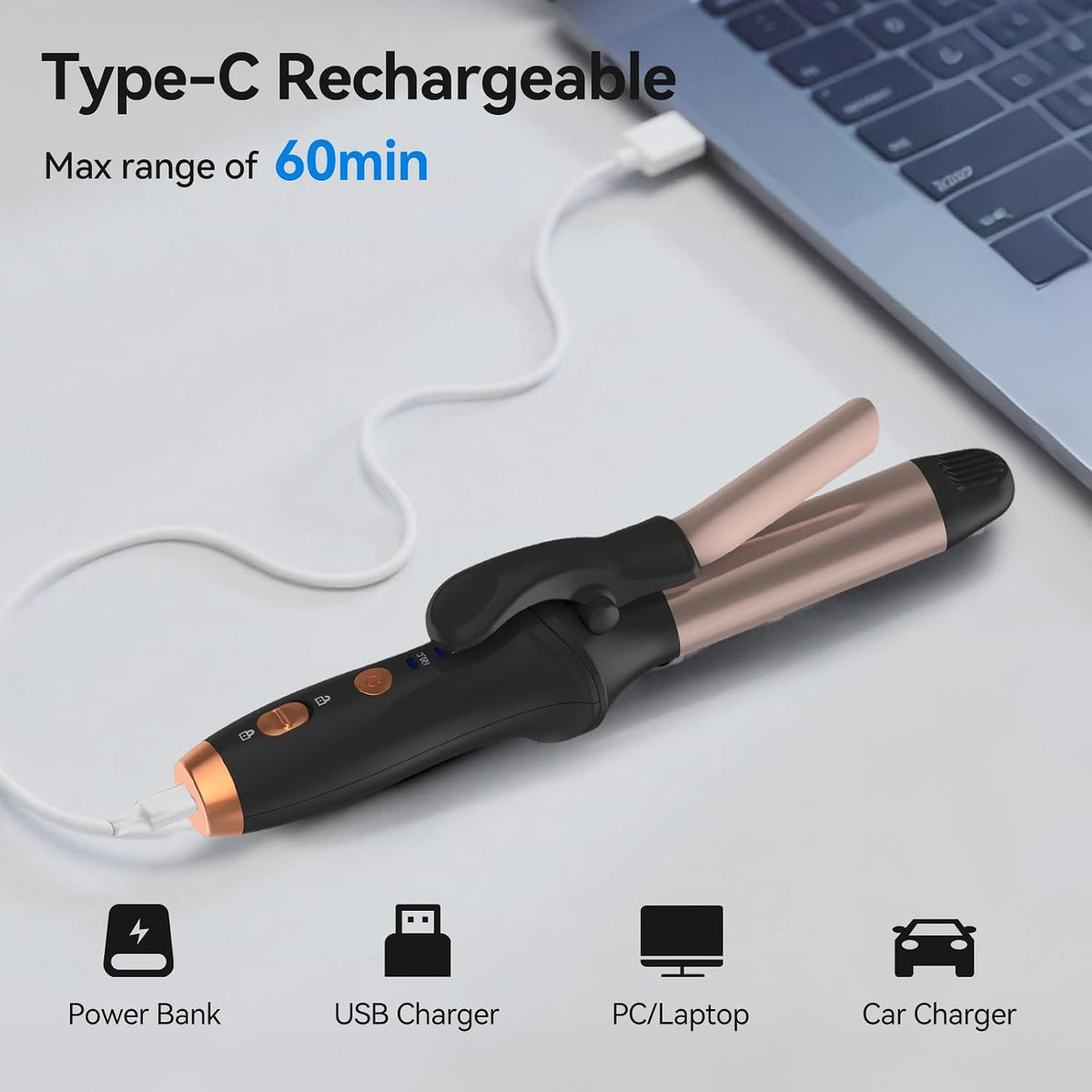 Cordless Curling Iron Mini Hair Curler 4000 mAh USB Rechargeable Portable Hair Curler with 200 Million Negative Ion