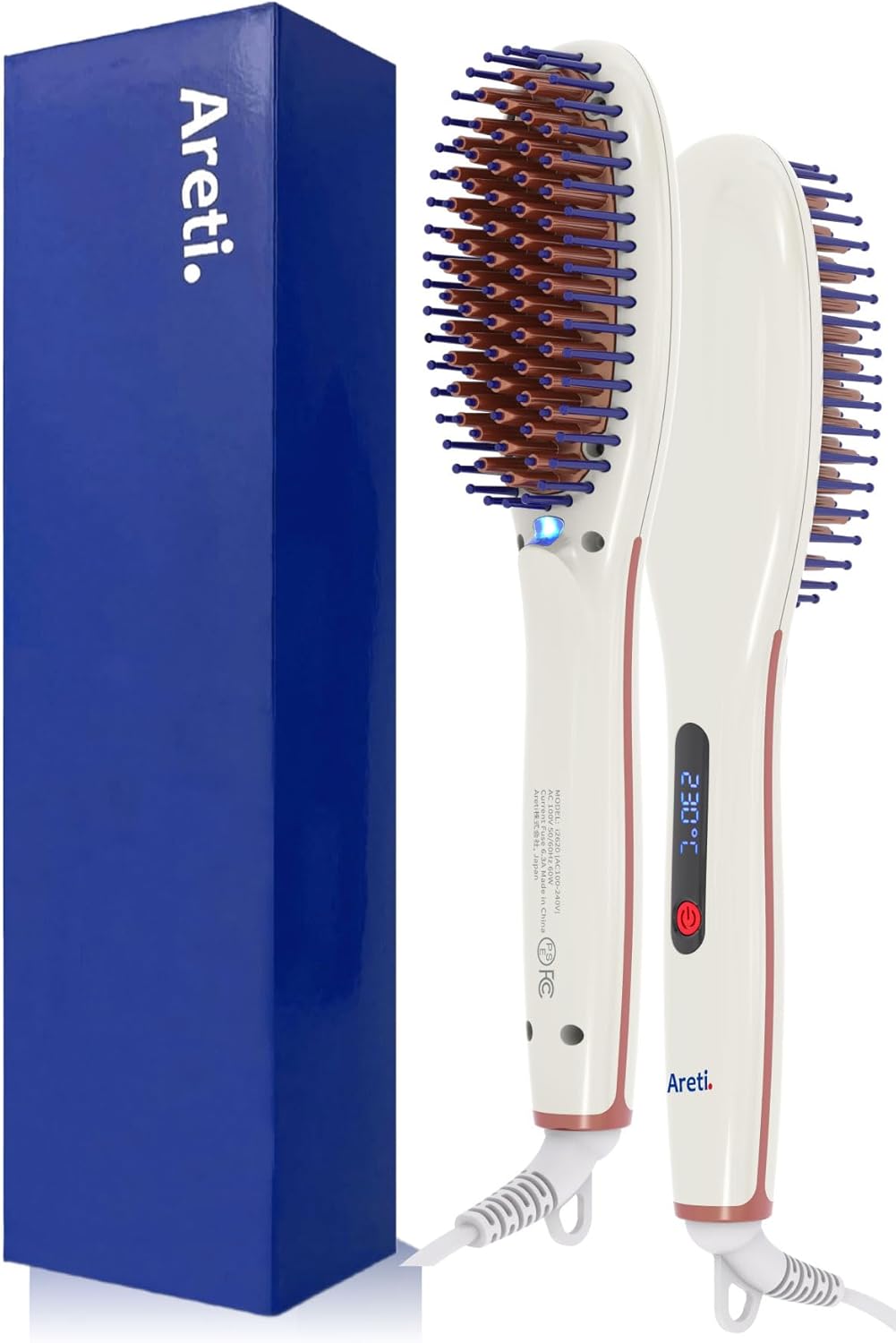 Areti Japan Ionic Hair Straightener Brush, Fast Heating 320°F-450°F, Ceramic Coating & Scalp-Protecting Silicone-Tipped Pins, Travel Dual Voltage, White (i2620WH)