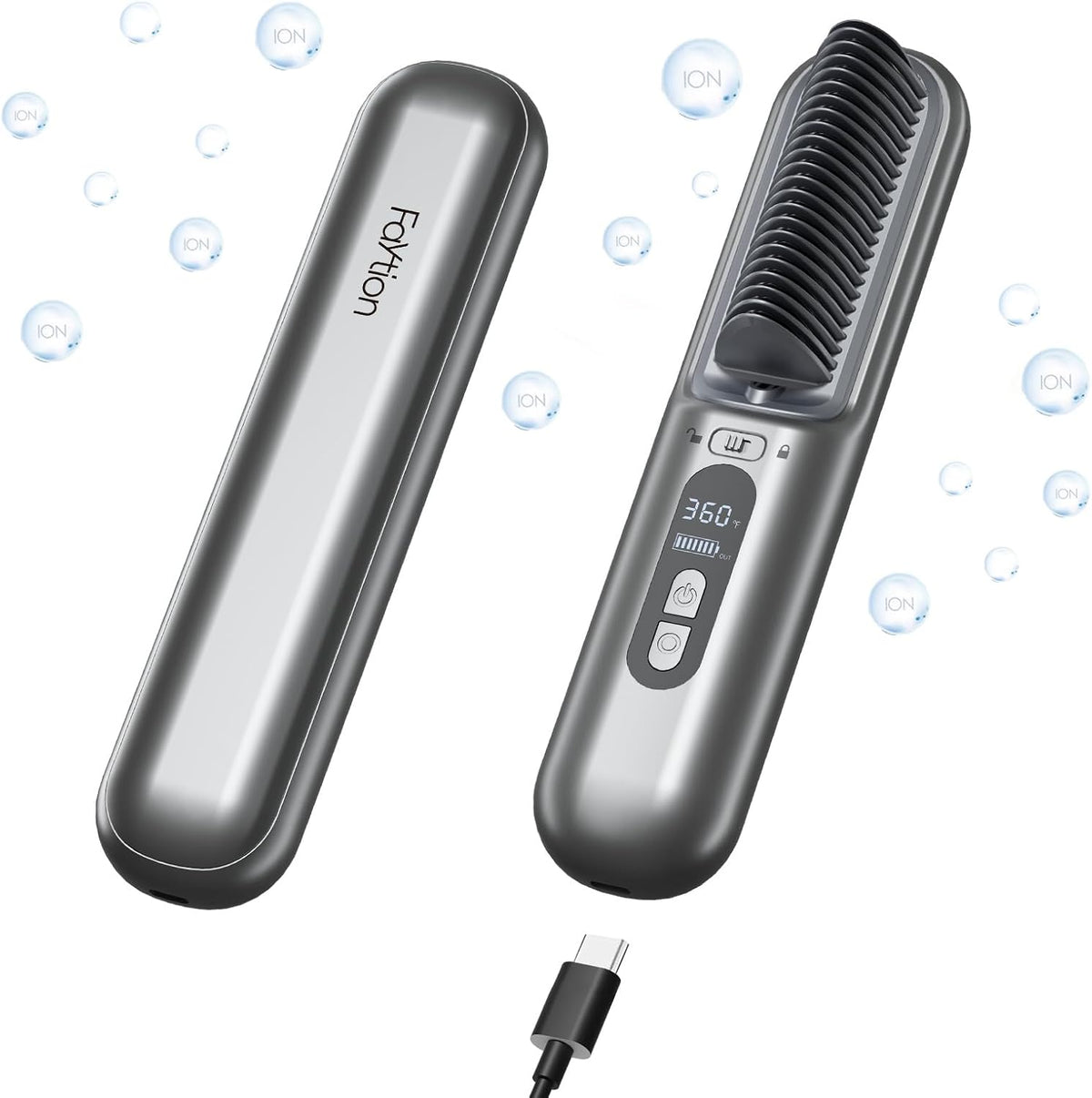 Cordless Hair Straightener Brush-Portable Hair Straightener Cordless Brush with 6 Temperature Adjust, 10000mah Cordless Travel Hair Straightener Brush, Dual Voltage, Grey
