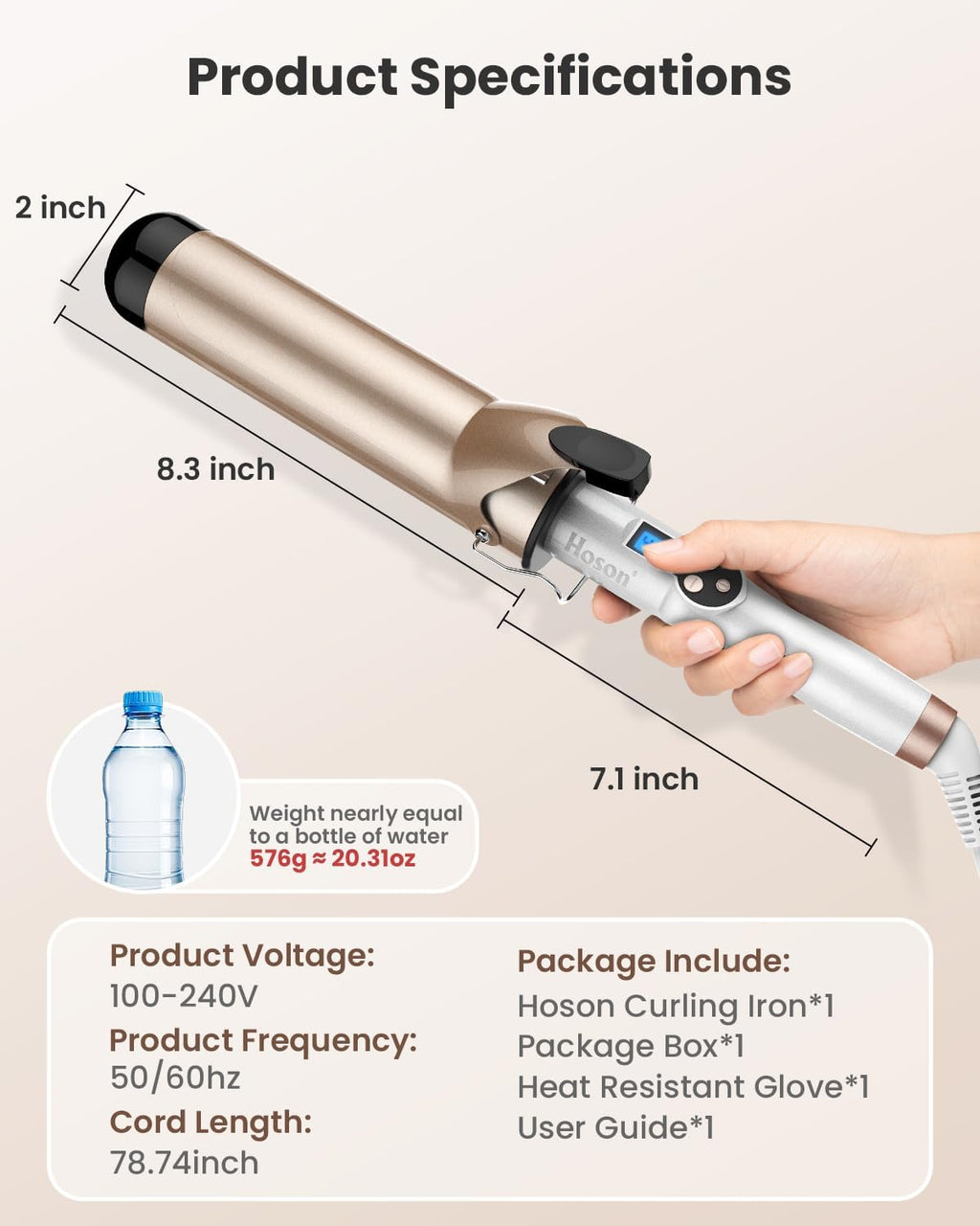 Hoson Curling Iron 2 Inch-Ceramic Wand Large Barrel for Long Hair