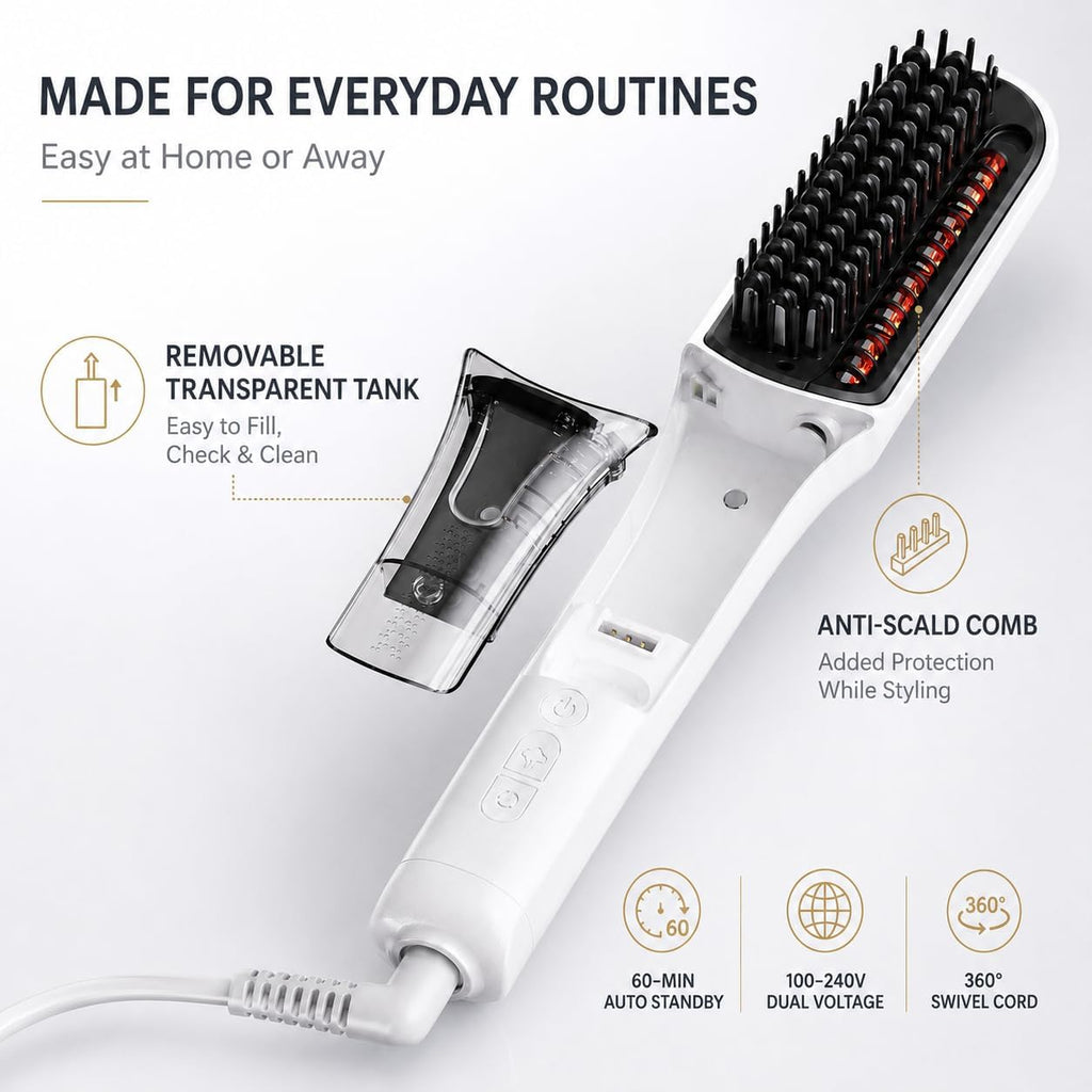 Hair Straightener Brush for Women, 2-in-1 with Mist, 4 Heat Settings