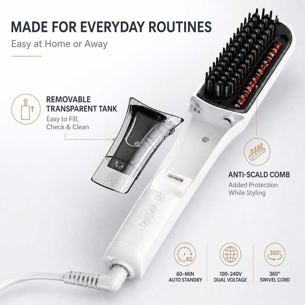 Hair Straightener Brush for Women, 2-in-1 with Mist, 4 Heat Settings