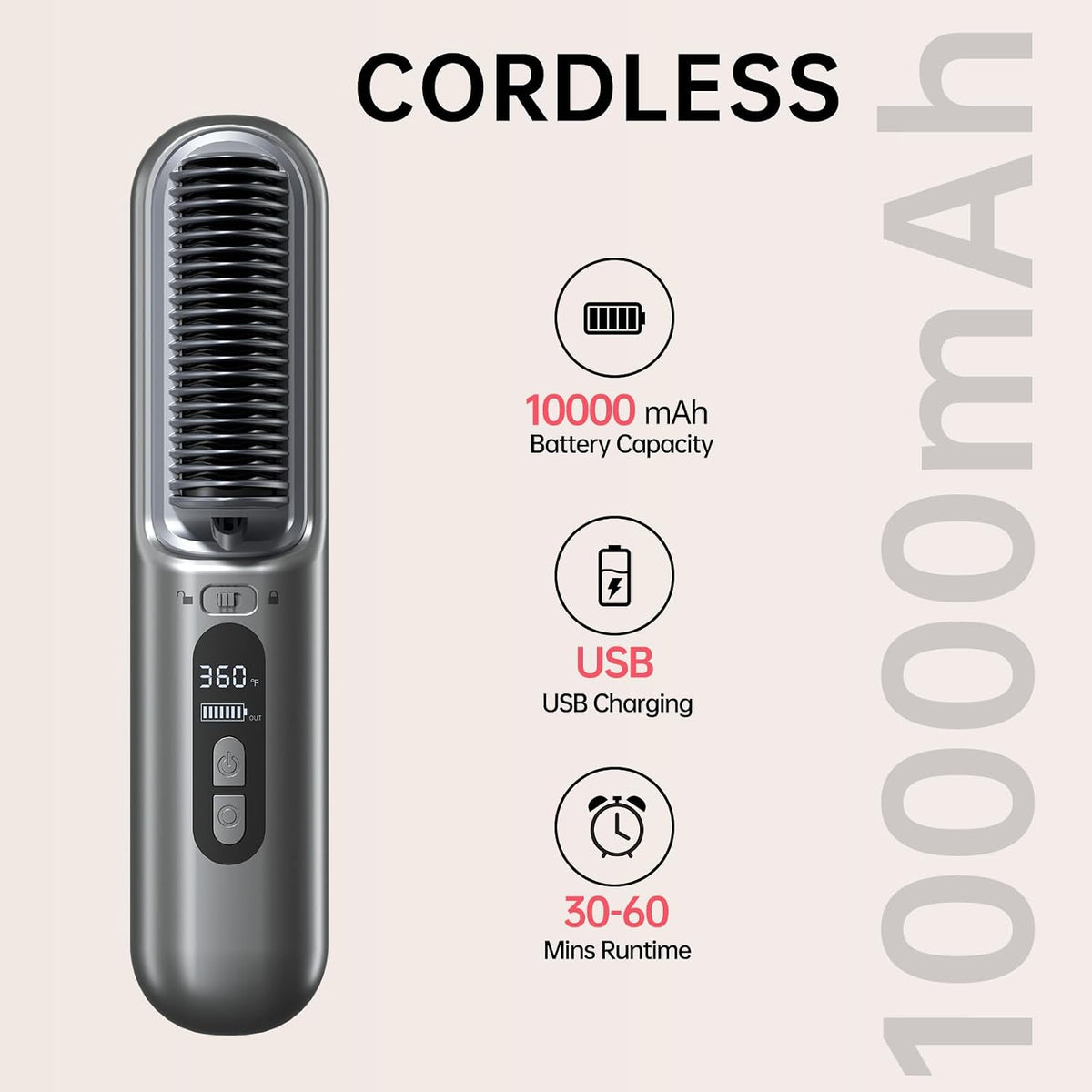 Cordless Hair Straightener Brush-Portable Hair Straightener Cordless Brush with 6 Temperature Adjust, 10000mah Cordless Travel Hair Straightener Brush, Dual Voltage, Grey