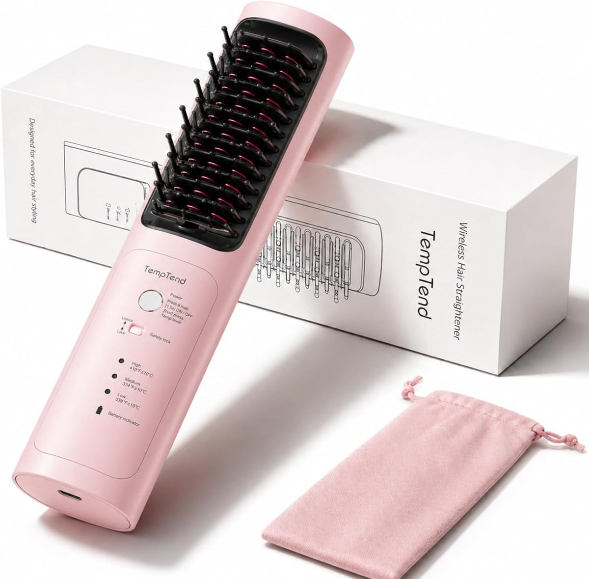 Cordless Hair Straightener Brush, Portable Straightener with Ionic Hair Brush Care, Fast Heated Styling, 3 Heat Levels, and Anti-Scald Care for Travel, Office, and Hotel, Gift for Women, Mirage Pink