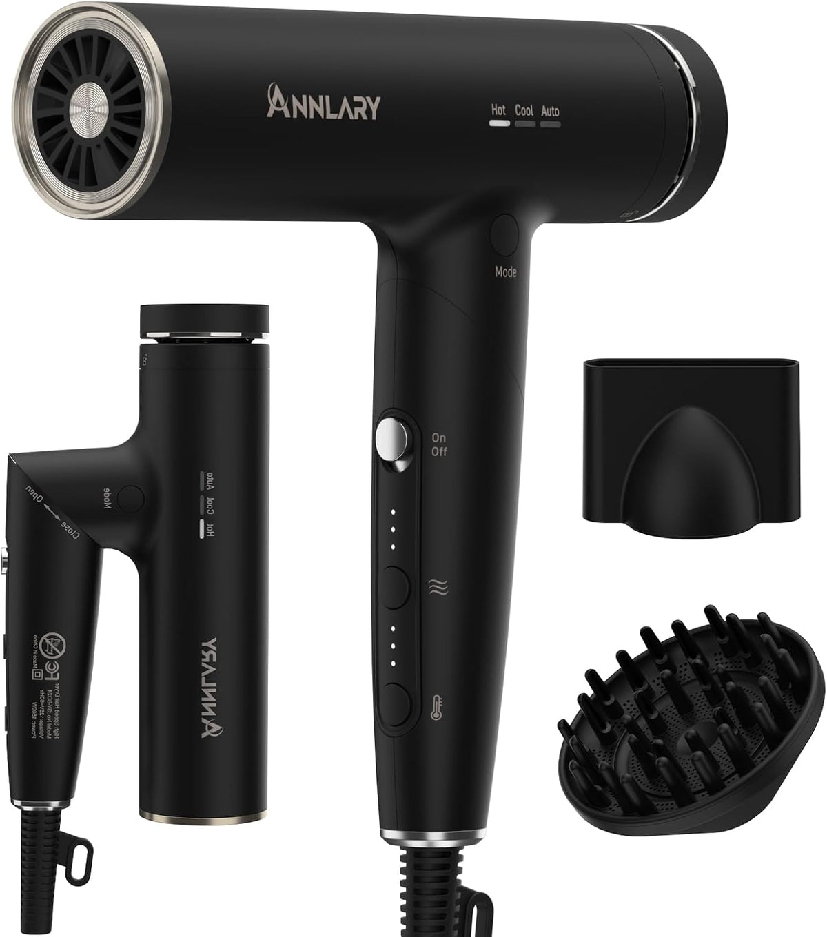 ANNLARY Plasma Ion Hair Dryer with Diffuser for Curly Hair, 110000 RPM Professional High Speed Blow Dryer with Plasma Ion, 1500W Foldable Travel Hairdryer with 6.5 Ft Cord Fast Drying for Women Men