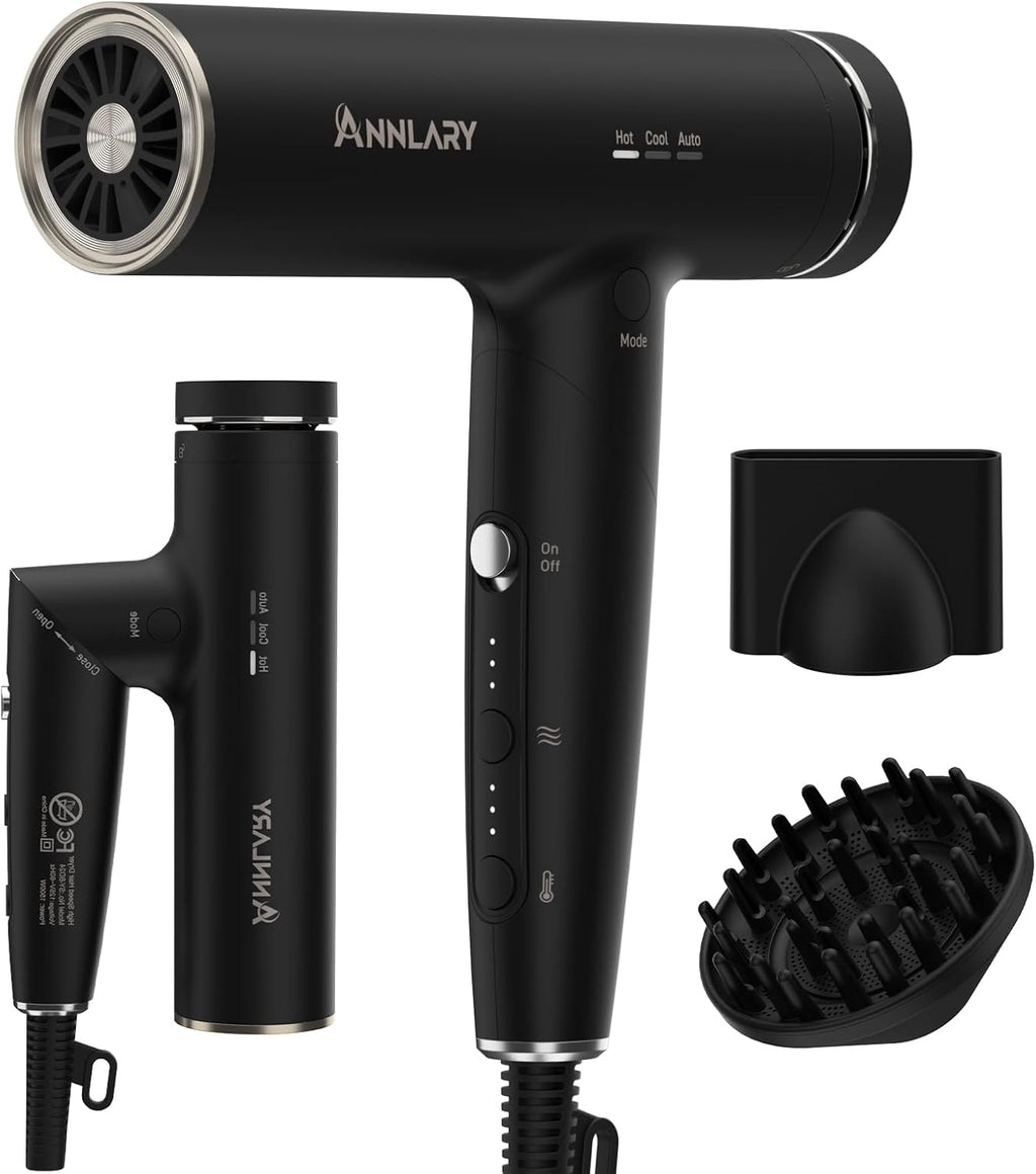 ANNLARY Plasma Ion Hair Dryer with Diffuser for Curly Hair, 110000 RPM Professional High Speed Blow Dryer with Plasma Ion, 1500W Foldable Travel Hairdryer with 6.5 Ft Cord Fast Drying for Women Men