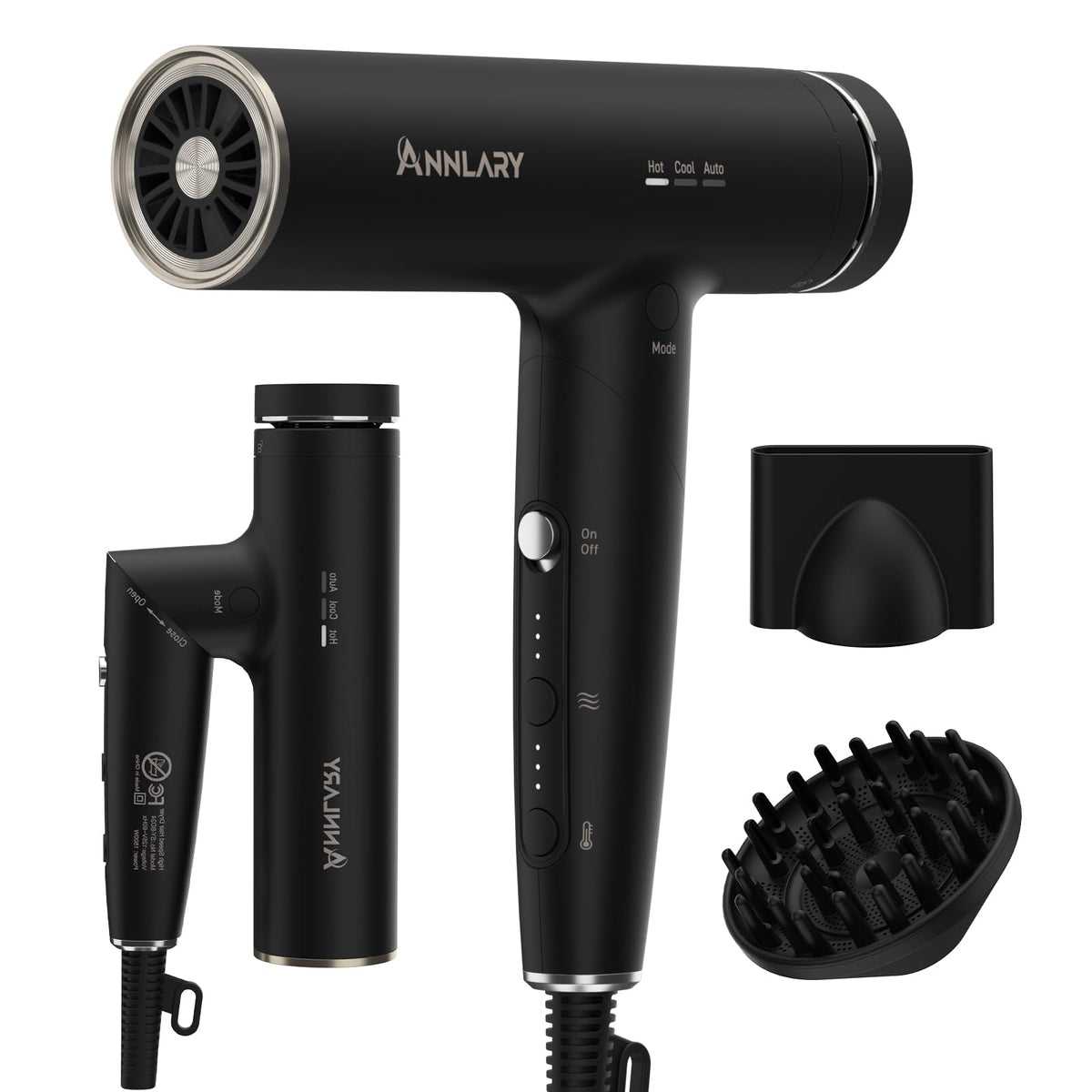 ANNLARY Plasma Ion Hair Dryer with Diffuser for Curly Hair, 110000 RPM Professional High Speed Blow Dryer with Plasma Ion, 1500W Foldable Travel Hairdryer with 6.5 Ft Cord Fast Drying for Women Men