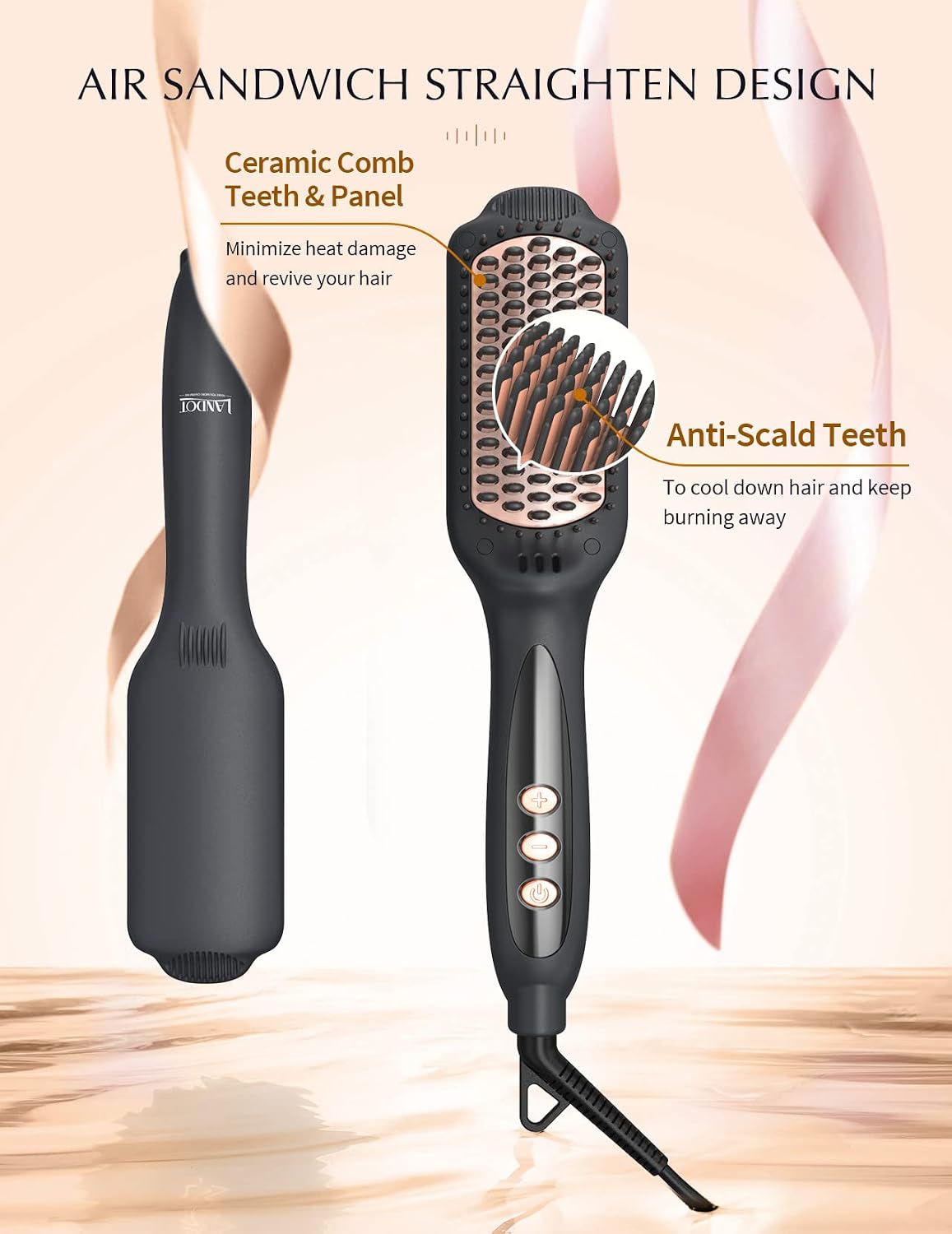 LANDOT Hair Straightener Brush for Women, Ionic Ceramic Heated Hot Brush