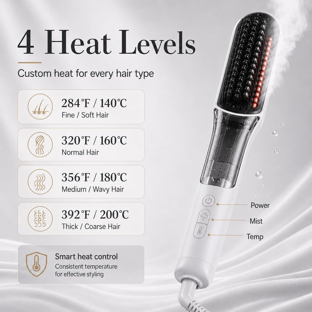 Hair Straightener Brush for Women, 2-in-1 with Mist, 4 Heat Settings