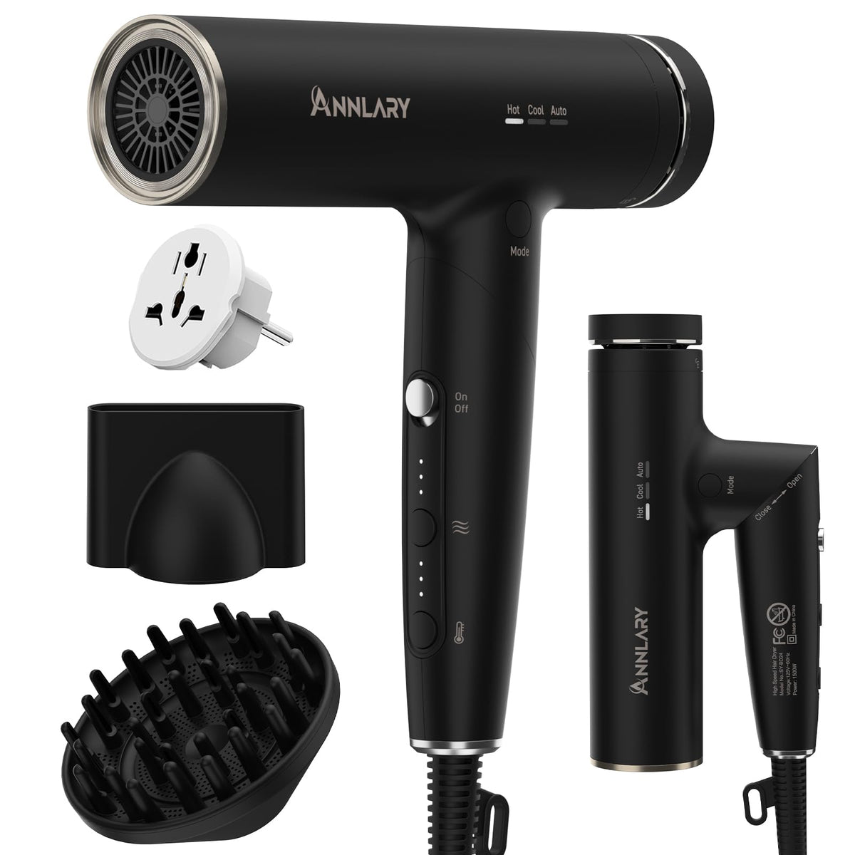 ANNLARY Plasma Ion Hair Dryer with Diffuser for Curly Hair, 110000 RPM Professional High Speed Blow Dryer with Plasma Ion, 1500W Foldable Travel Hairdryer with 6.5 Ft Cord Fast Drying for Women Men