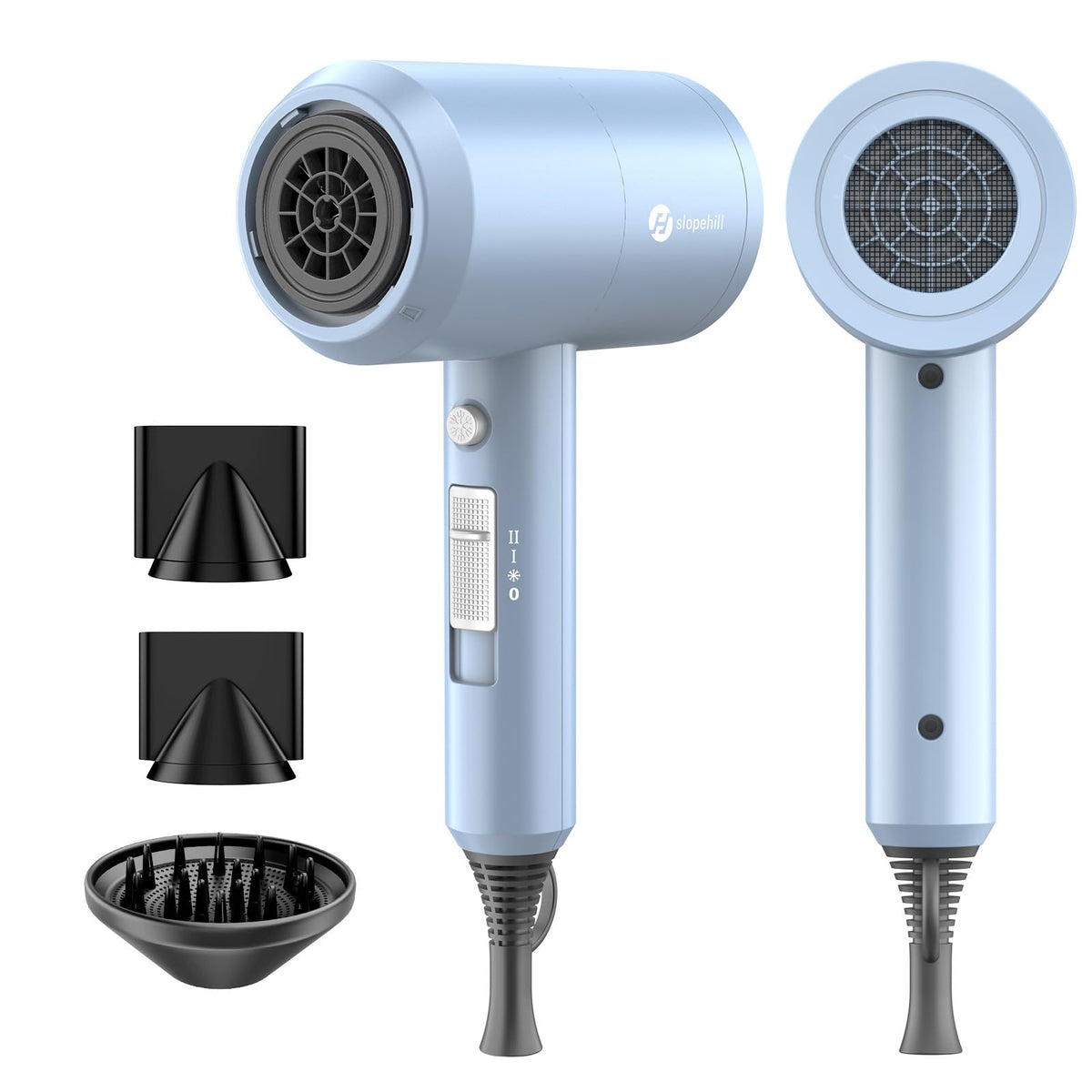 slopehill Professional Ionic Hair Dryer, Powerful 1800W Fast Drying Low Noise Blow Dryer with 2 Concentrator Nozzle 1 Diffuser Attachments for Home Salon Travel (Black)