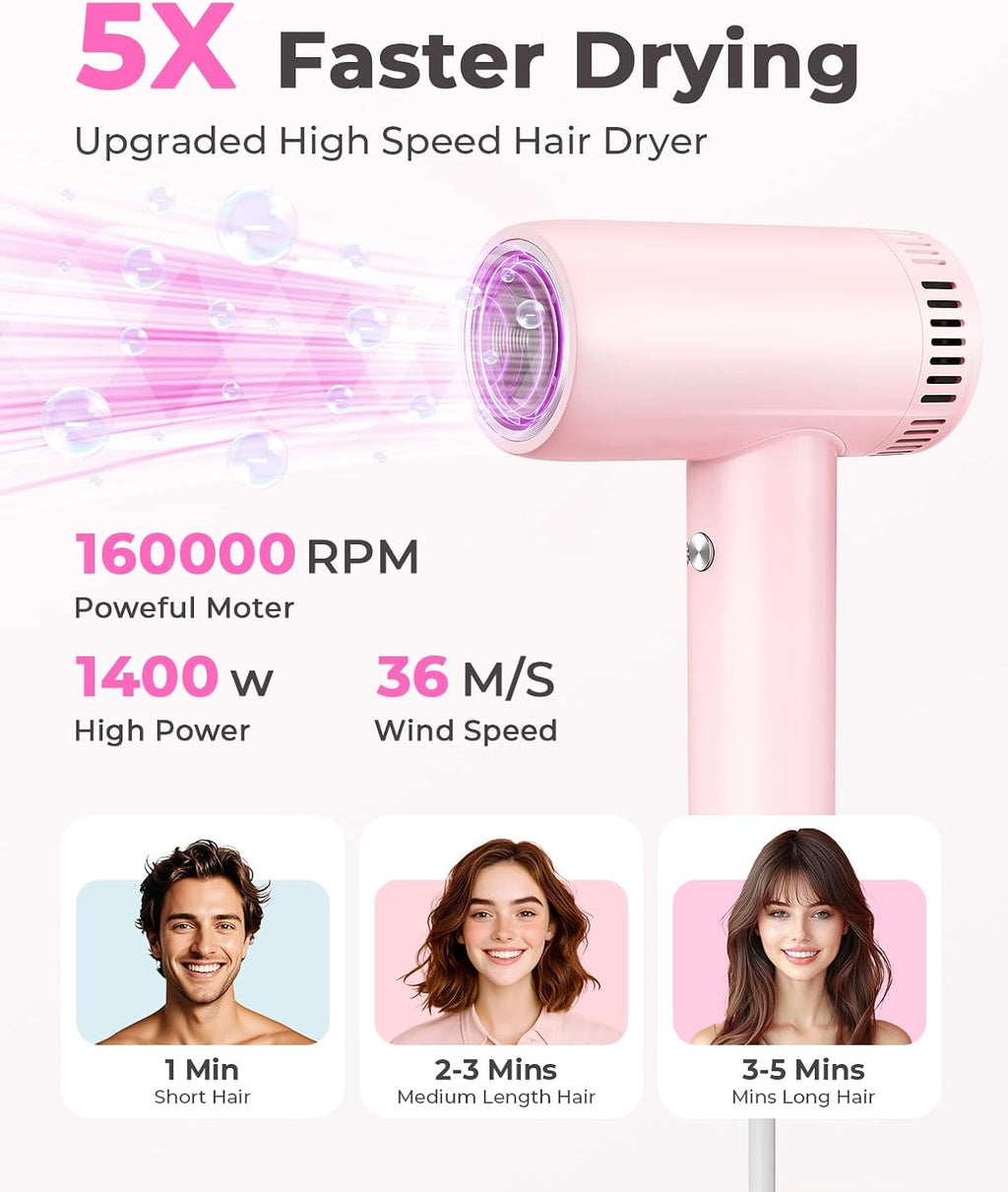Hair Dryer - 160,000 RPM Ionic Blow Dryer - High Speed Fast Drying Professional Hairdryer for Smooth, 9 Temps Set for Women, 500 Million Negative Ions, Lightweight 0.8lb for Travel, Auto Clean