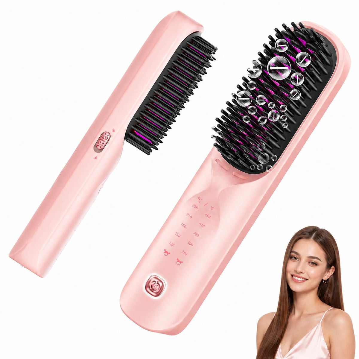 Bopcal Cordless Hair Straightener Brush for Travel, Upgraded Mini Portable Hair Straightening Brush for Women & Men, 300M Anti-Frizz Negative lons Straightening Comb, lonic Care & Fast Heating