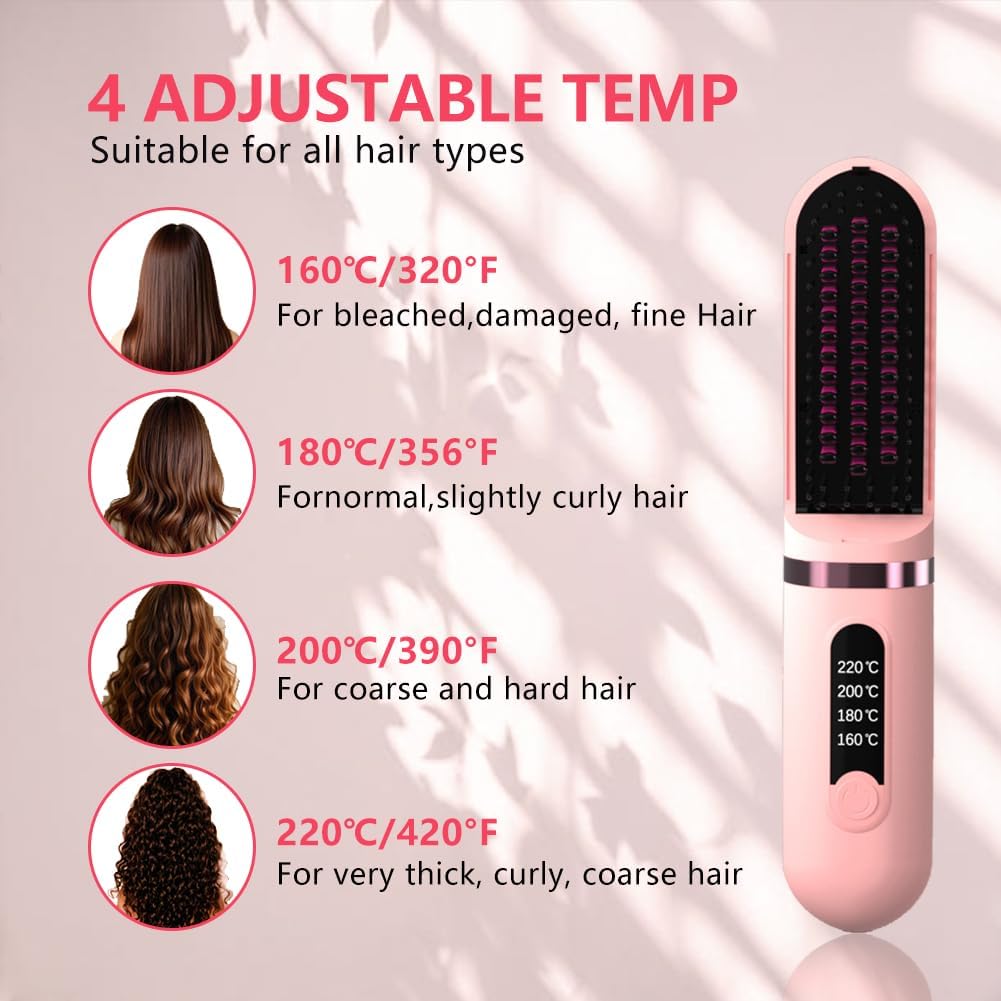 Cordless Hair Straightener Brush, Portable Straightening Brush for Women, Mini Negative Ion Hot Comb for Travel, 30Mins Auto-Off, USB Rechargeable, Fast Heating 4 Temperature Settings (Pink)