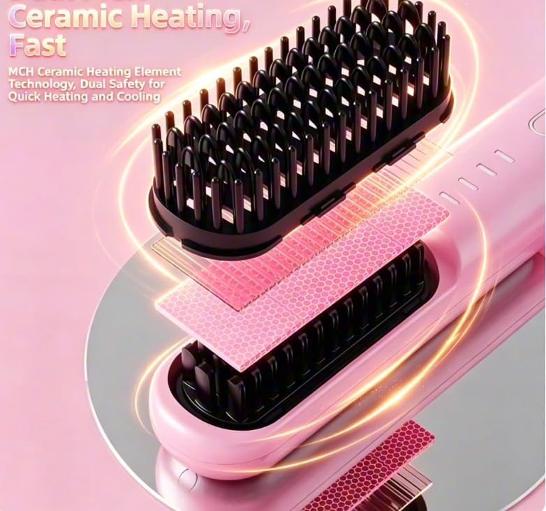 Cordless Hair Straightener Brush 4 Temp Settings Ceramic Coating