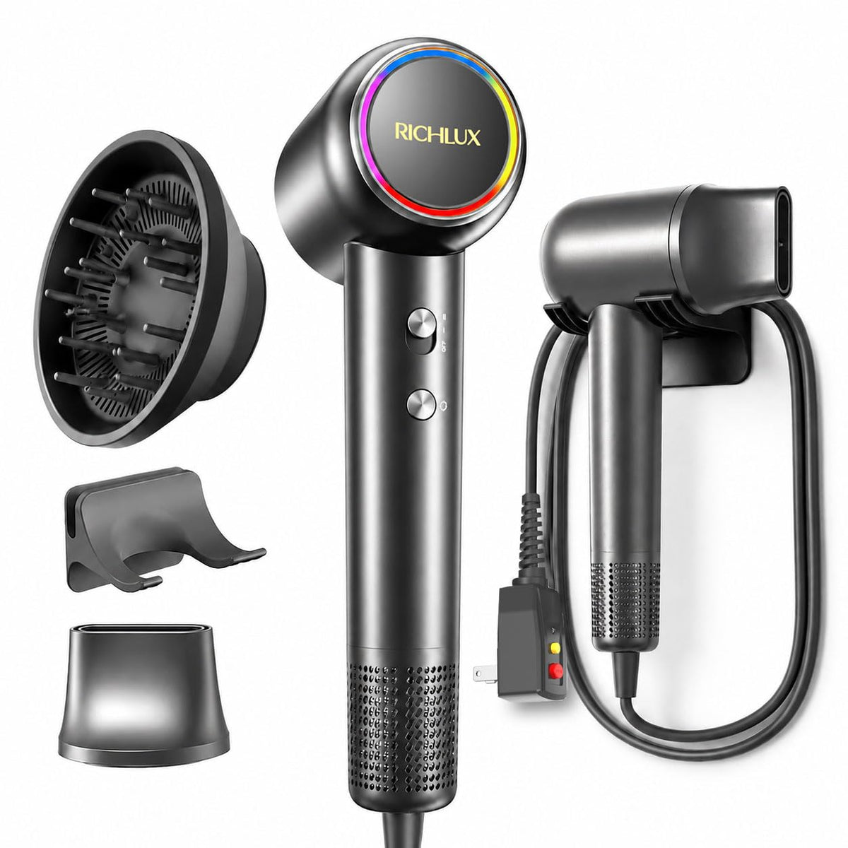 High-Speed Hair Dryer, 160,000 RPM Brushless Motor Blow Dryer with Ionic Technology, Fast Drying Lightweight Low Noise Hair Dryer, 4 Heat Modes, 2 Speeds, Diffuser & Wall Mount, Black