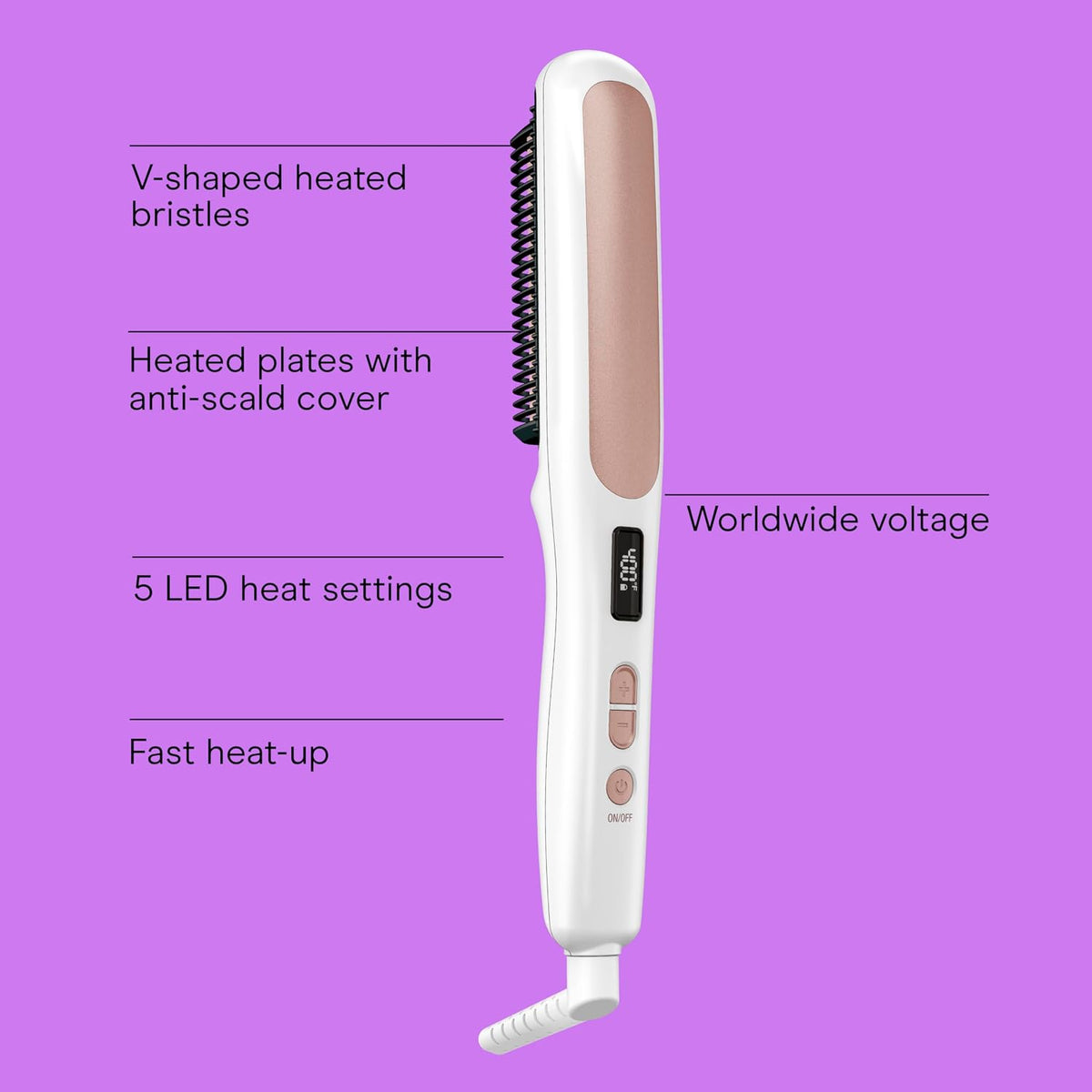 Conair Double Ceramic Hair Straightener Brush, Heated Straightening Brush for Smooth, Shiny Hair, V-Shaped Heated Bristles for Closer Contact, 5 LED Heat Settings, Dual Voltage, White