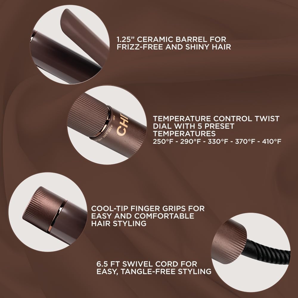 CHI Ceramic Curling Iron & 44 Iron Guard (2 Oz), 1.25", Chocolate