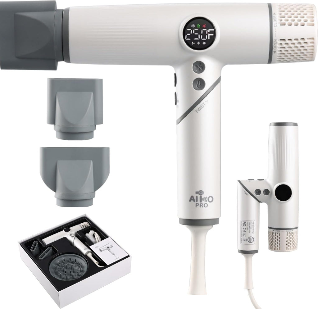 AIKO PRO Salon Ionic Hair Dryer, 1800W High-Speed Foldable Travel Blow Dryer, Brushless Motor for Fast Drying & Frizz Control, 3 Temps & 3 Speeds, Lightweight, Portable & Quiet with 3 Magnetic Nozzles