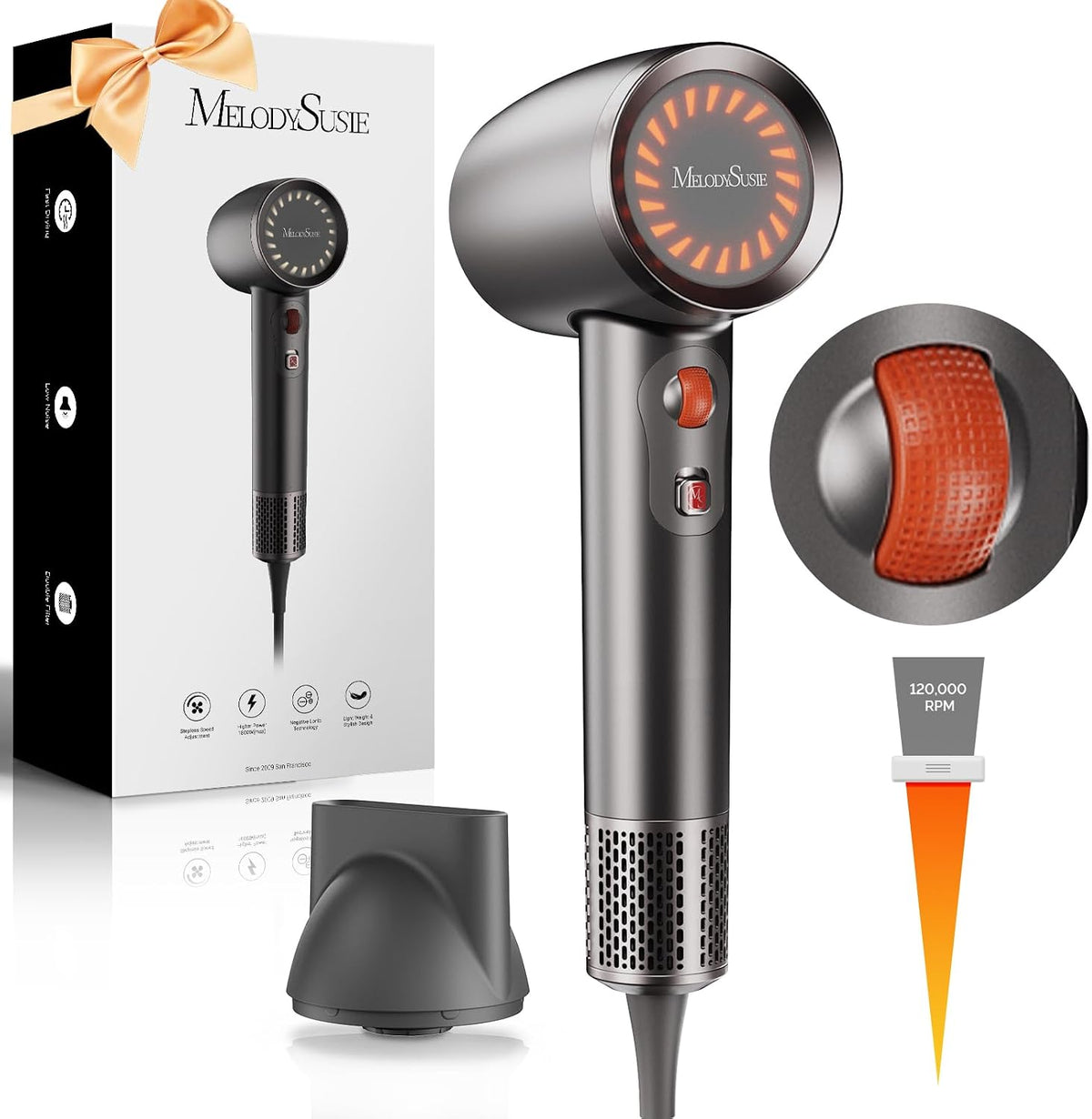 MelodySusie Hair Dryer,1600W Professional Ionic Hair Dryer for Fast Drying, 120,000 RPM High Speed Hair Blow Dryer with Nozzle for Home Salon Travel Without Hair Damage