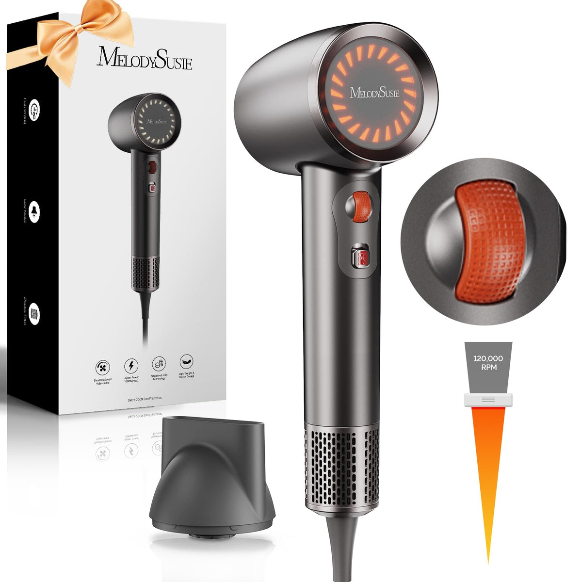 MelodySusie Hair Dryer,1600W Professional Ionic Hair Dryer for Fast Drying, 120,000 RPM High Speed Hair Blow Dryer with Nozzle for Home Salon Travel Without Hair Damage