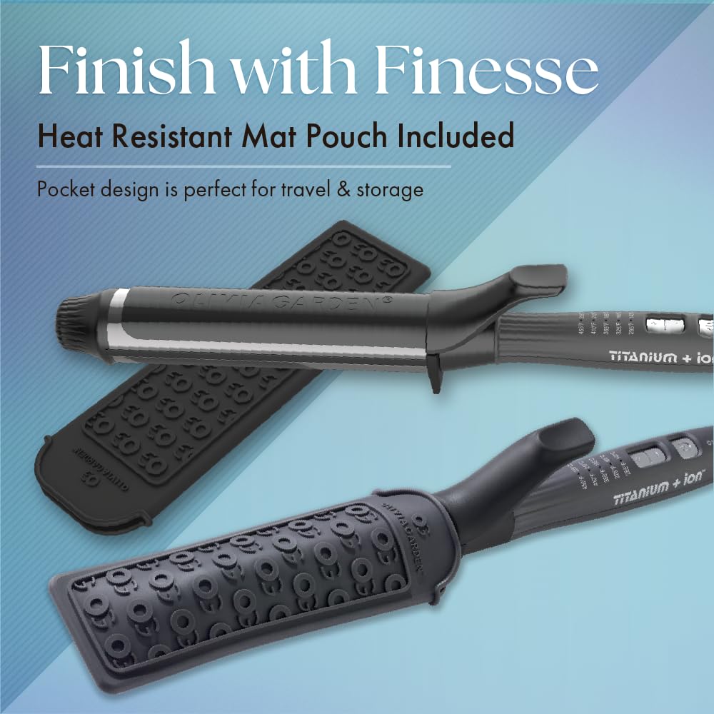 Olivia Garden Titanium + Ion High Performance Professional Curling Iron - Dual Voltage, Snag-Free Styling - Fast Heat Up to 455°F with Heat Resistant Heat Mat/Pouch