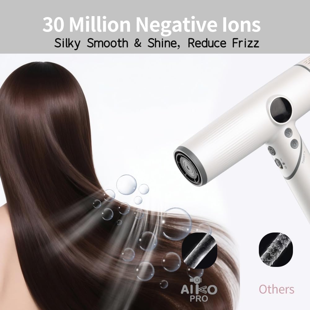 AIKO PRO Salon Ionic Hair Dryer, 1800W High-Speed Foldable Travel Blow Dryer, Brushless Motor for Fast Drying & Frizz Control, 3 Temps & 3 Speeds, Lightweight, Portable & Quiet with 3 Magnetic Nozzles