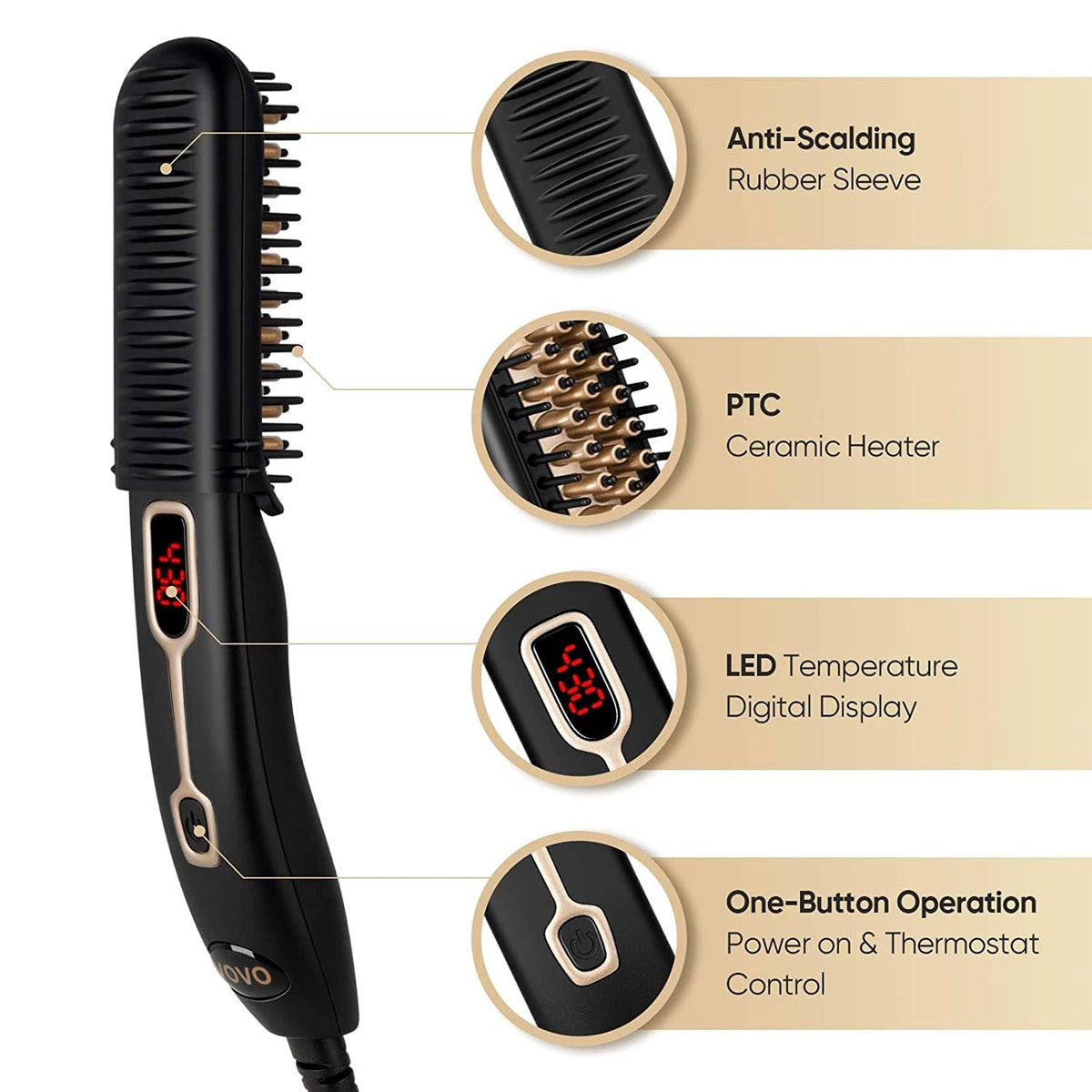 VOVO Beard Straightener Comb Upgrade Professional 2 in 1 Men's Beard Straightening Heated Hair Straightening Brush Portable Anti-Burn 6 Temperature Adjustable with LED Display for Home and Travel