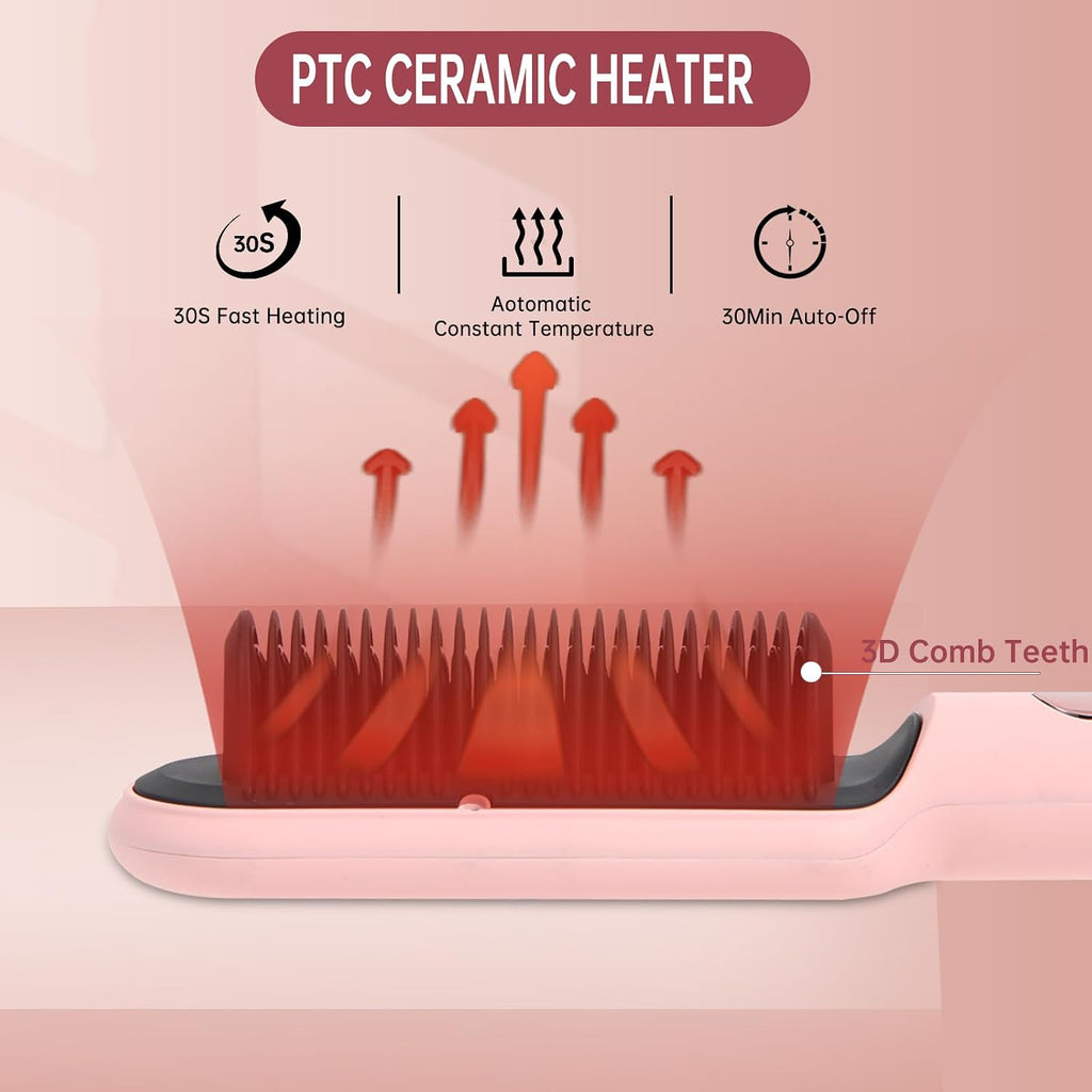 Negative Ionic Hair Straightener Brush with 9 Temp Settings, 30s Fast Heating Hair Straightening Comb with LED Display, Anti-Scald & Auto-Shut Off Hair Brush Straightener for Women (Pink)