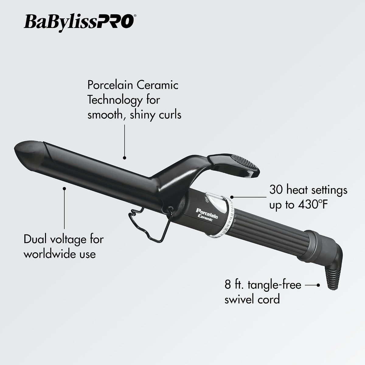 BaByliss Pro Spring Curling Iron, Porcelain Ceramic Professional For Multiple Hair Types, Reaches 430 Degrees for Loose Long Lasting Curls