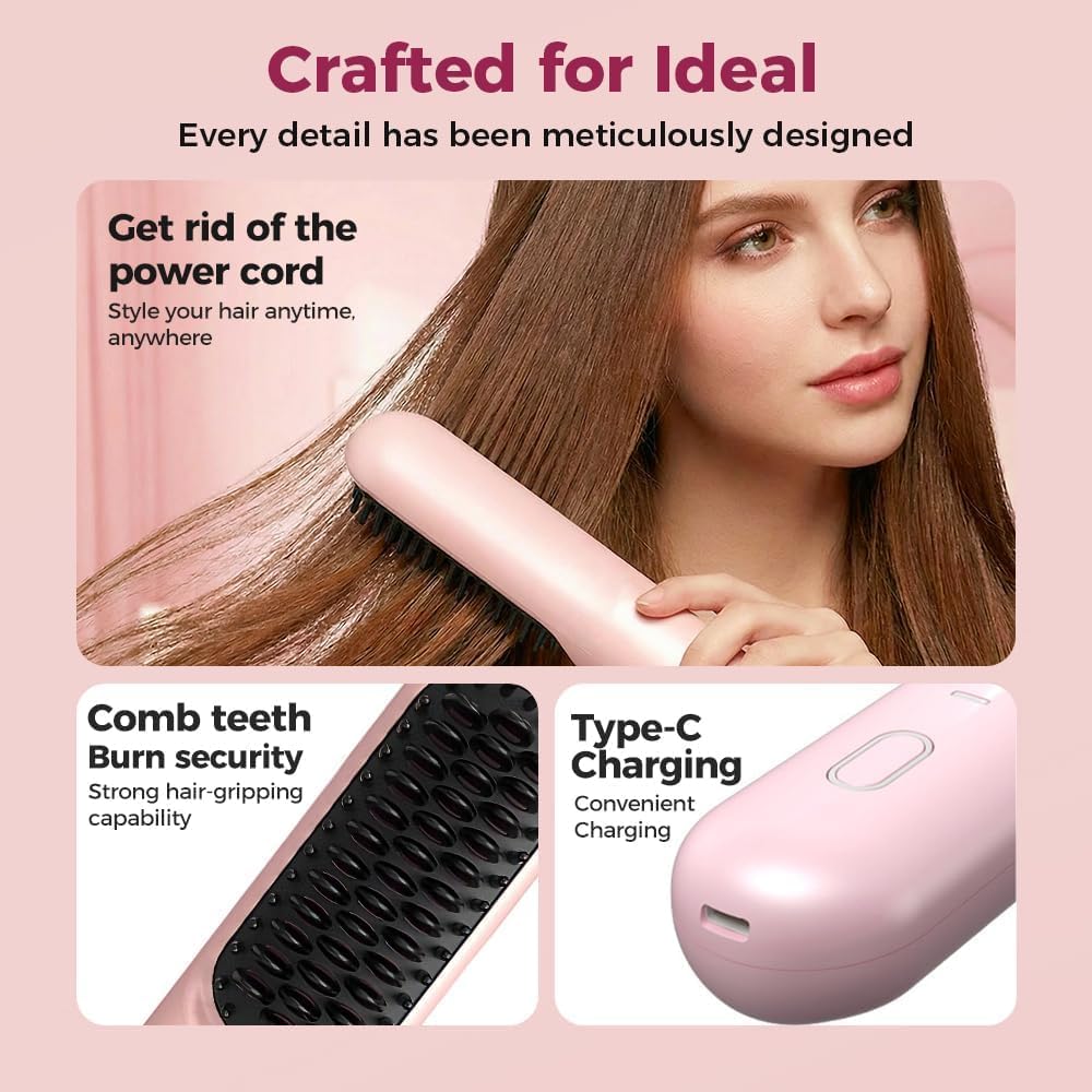 Go Brush - Pro for Short Hair - 2026 Upgraded Cordless Straightening Brush with 30s Fast Heat, 3 Temperature Settings, Ionic & Ceramic Care, 2500mAh USB-C Rechargeable for Frizz-Free Styling