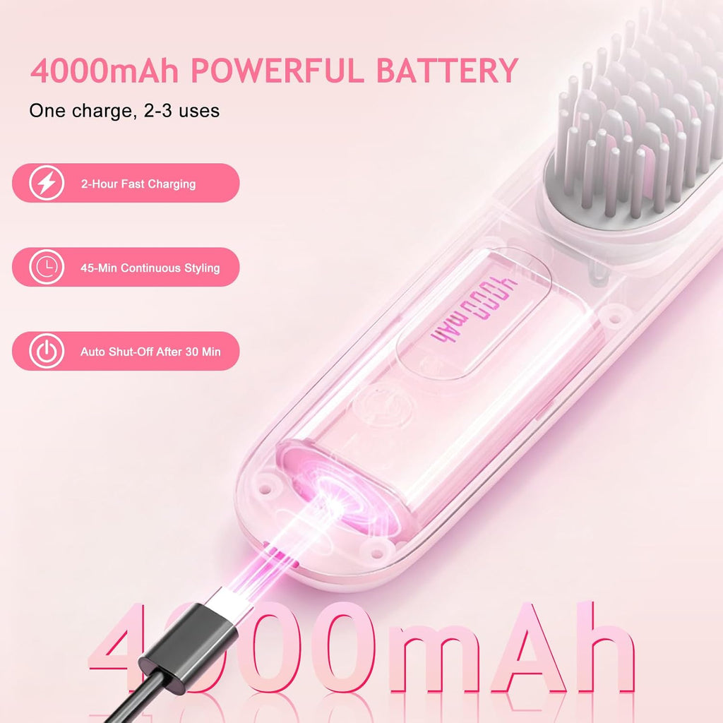New Go Brush Pro 2026 Cordless Hair Straightener Brush, 199M Ionic, 1-MIN Fast Heat,79 Teeth for MCH Salon Smoothness, 4000mAh 40-Min Runtime, 3-Temp&Travel, Auto Shut-Off, Used for Fine to Wavy Hair