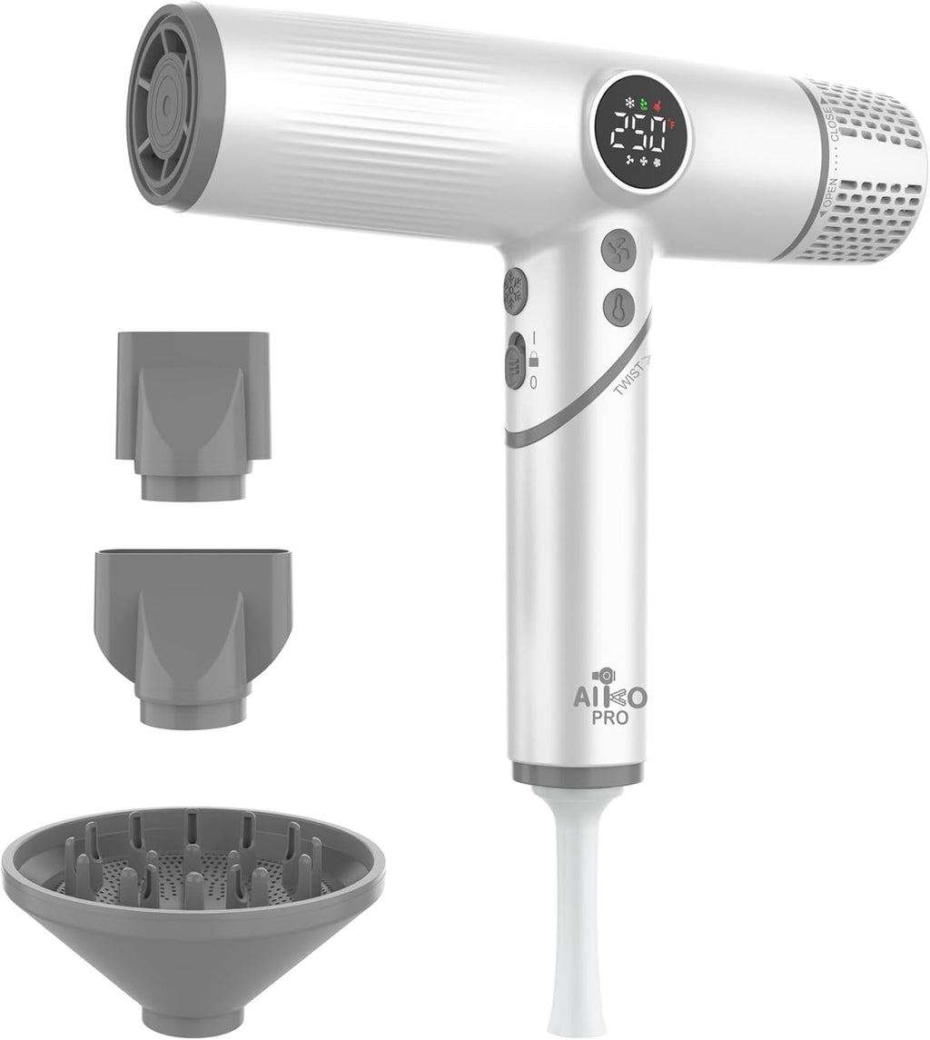AIKO PRO Salon Ionic Hair Dryer, 1800W High-Speed Foldable Travel Blow Dryer, Brushless Motor for Fast Drying & Frizz Control, 3 Temps & 3 Speeds, Lightweight, Portable & Quiet with 3 Magnetic Nozzles